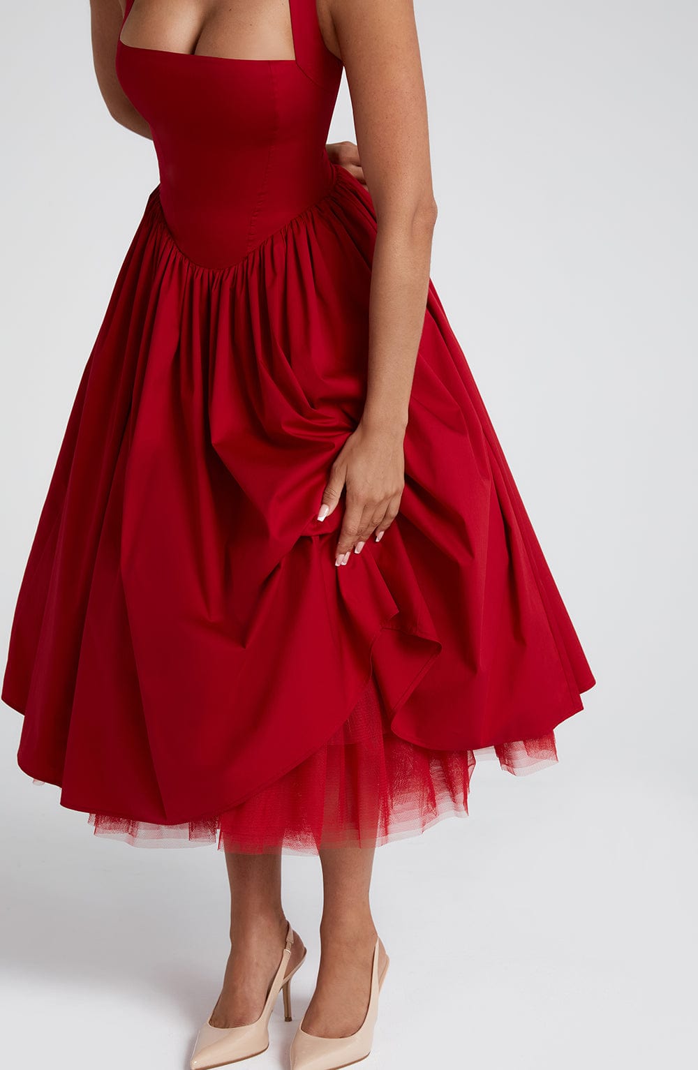 Red Cressida Midi Dress with Halter Neck & Lace-Up Back