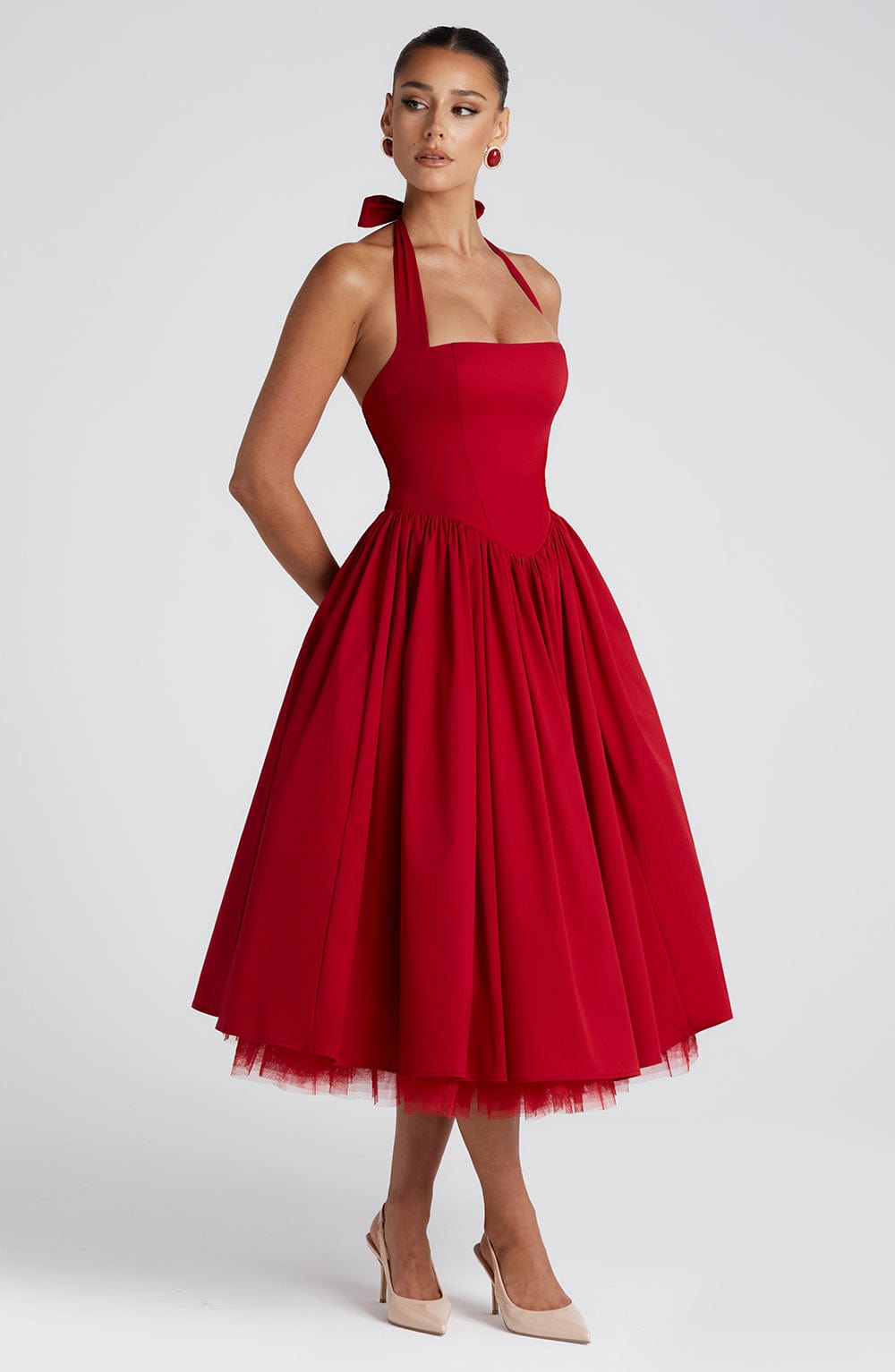 Red Cressida Midi Dress with Halter Neck & Lace-Up Back