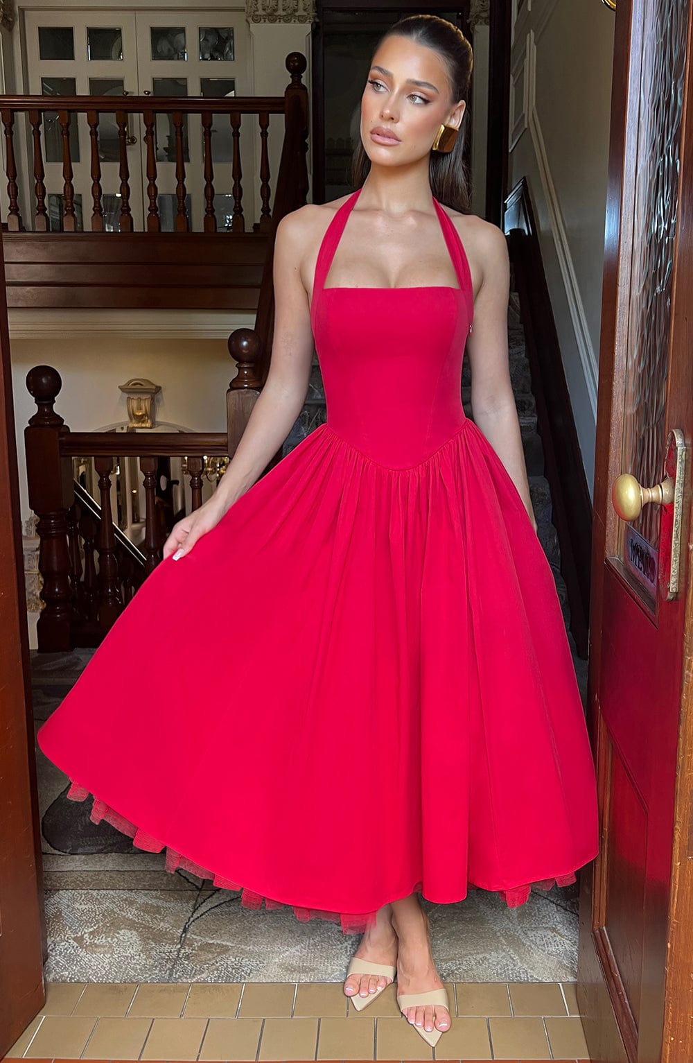 Red Cressida Midi Dress with Halter Neck & Lace-Up Back