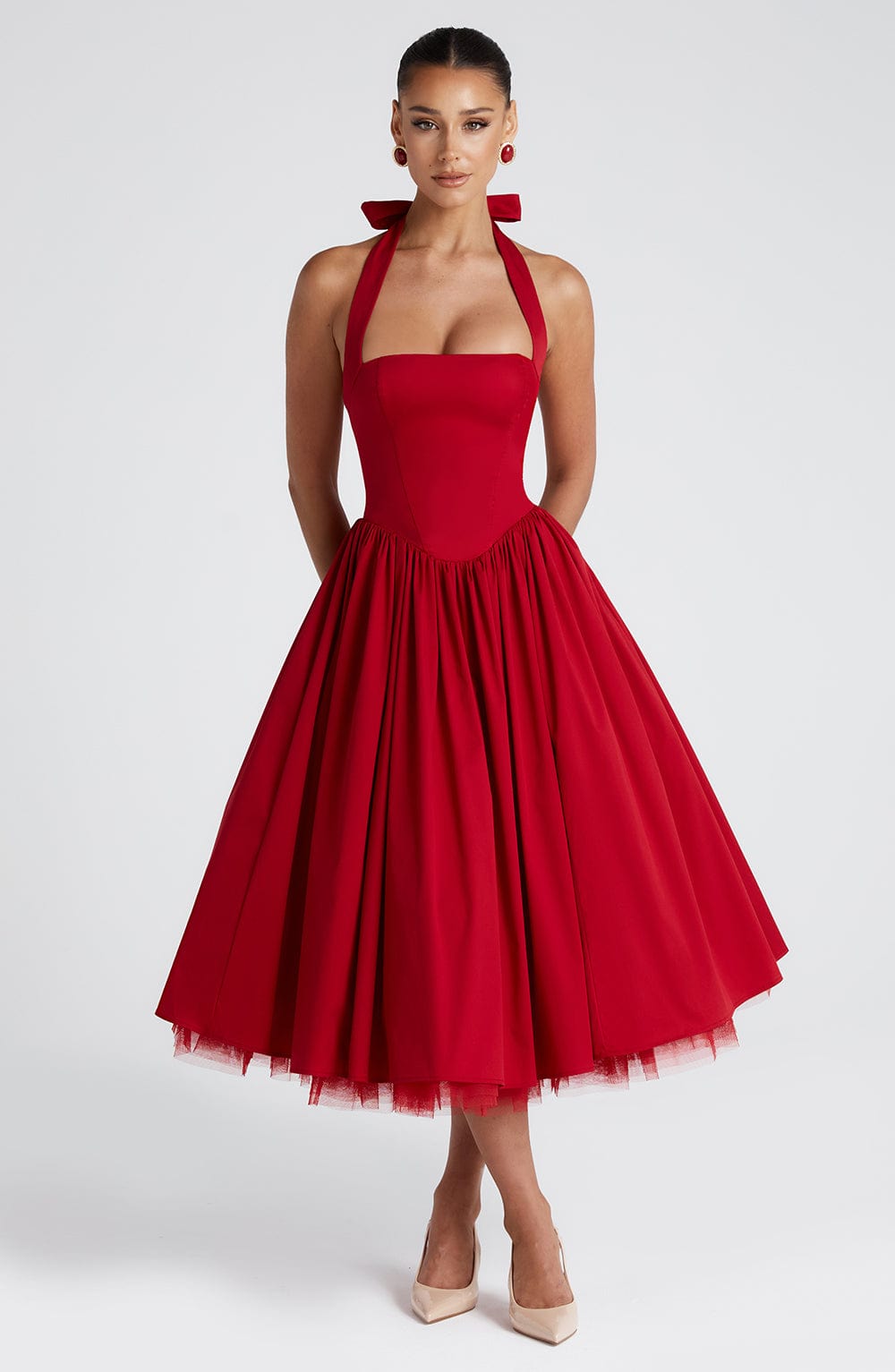 Red Cressida Midi Dress with Halter Neck & Lace-Up Back