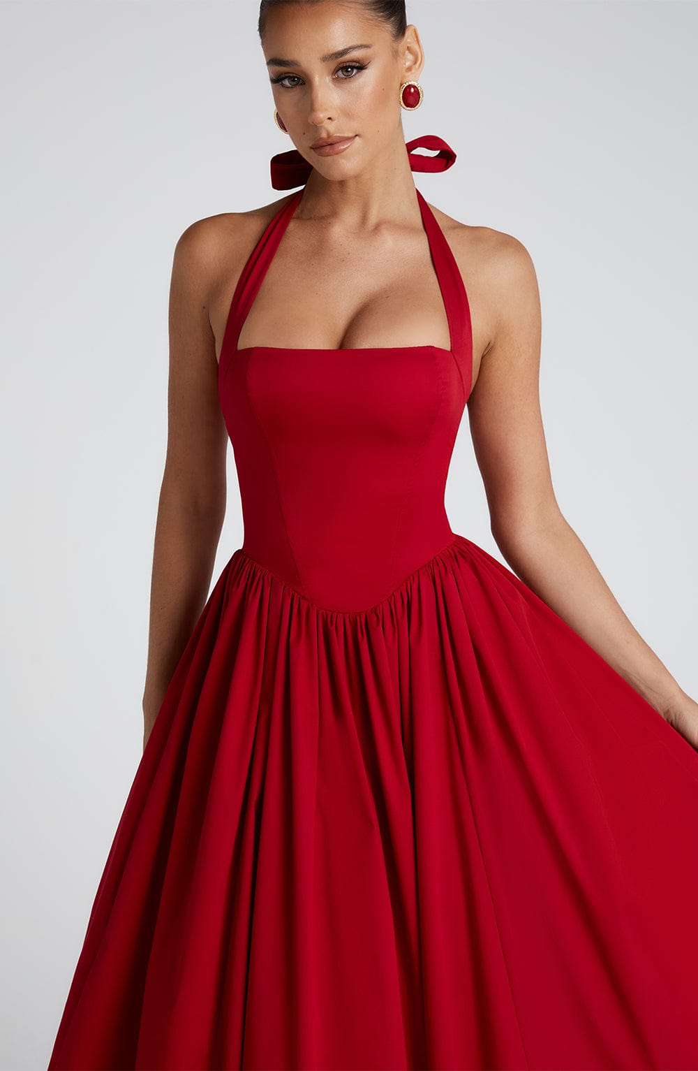 Red Cressida Midi Dress with Halter Neck & Lace-Up Back