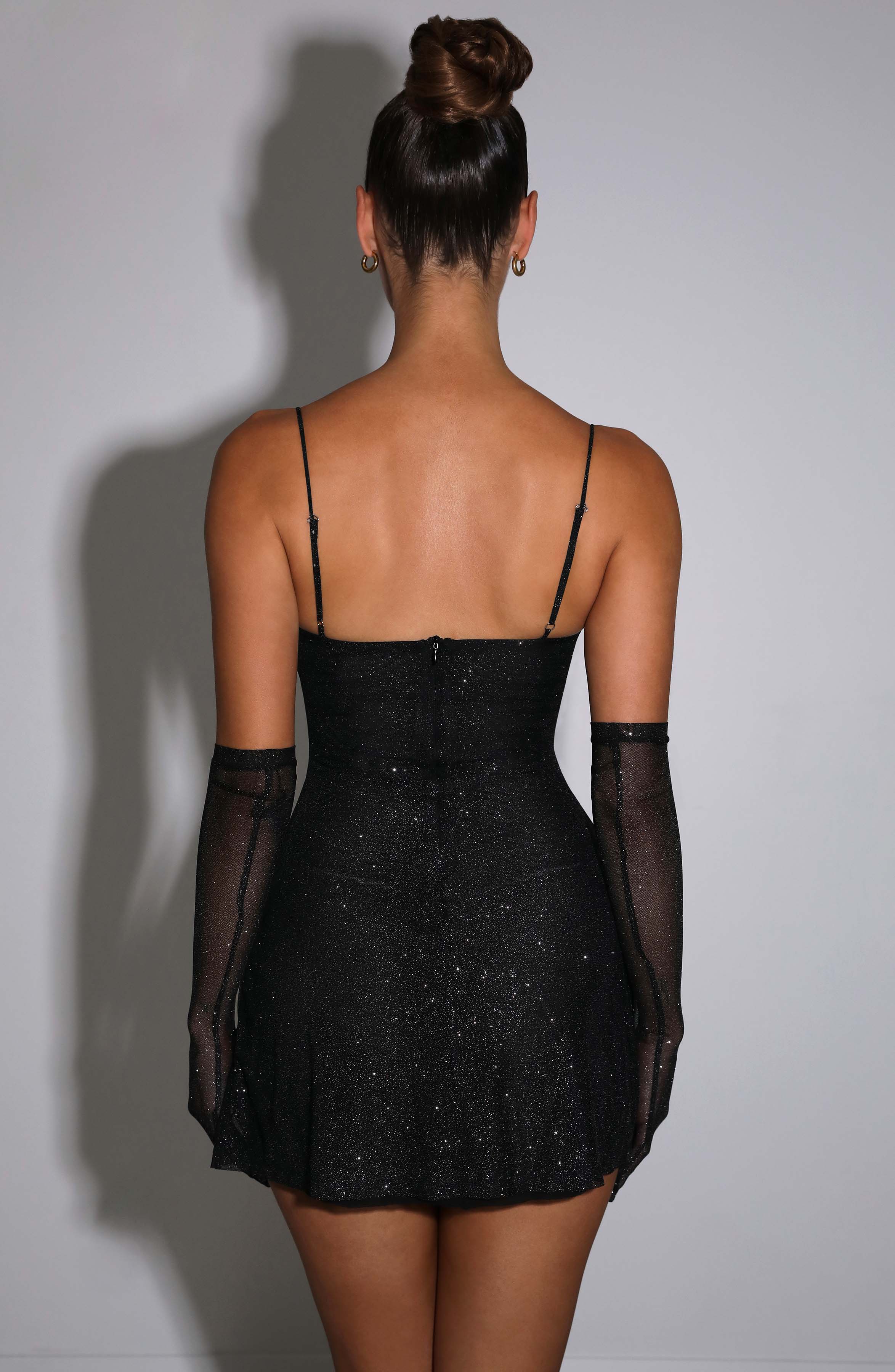 Black Sparkle Pixie Mini Dress - Underwired Party Dress with Leg Split