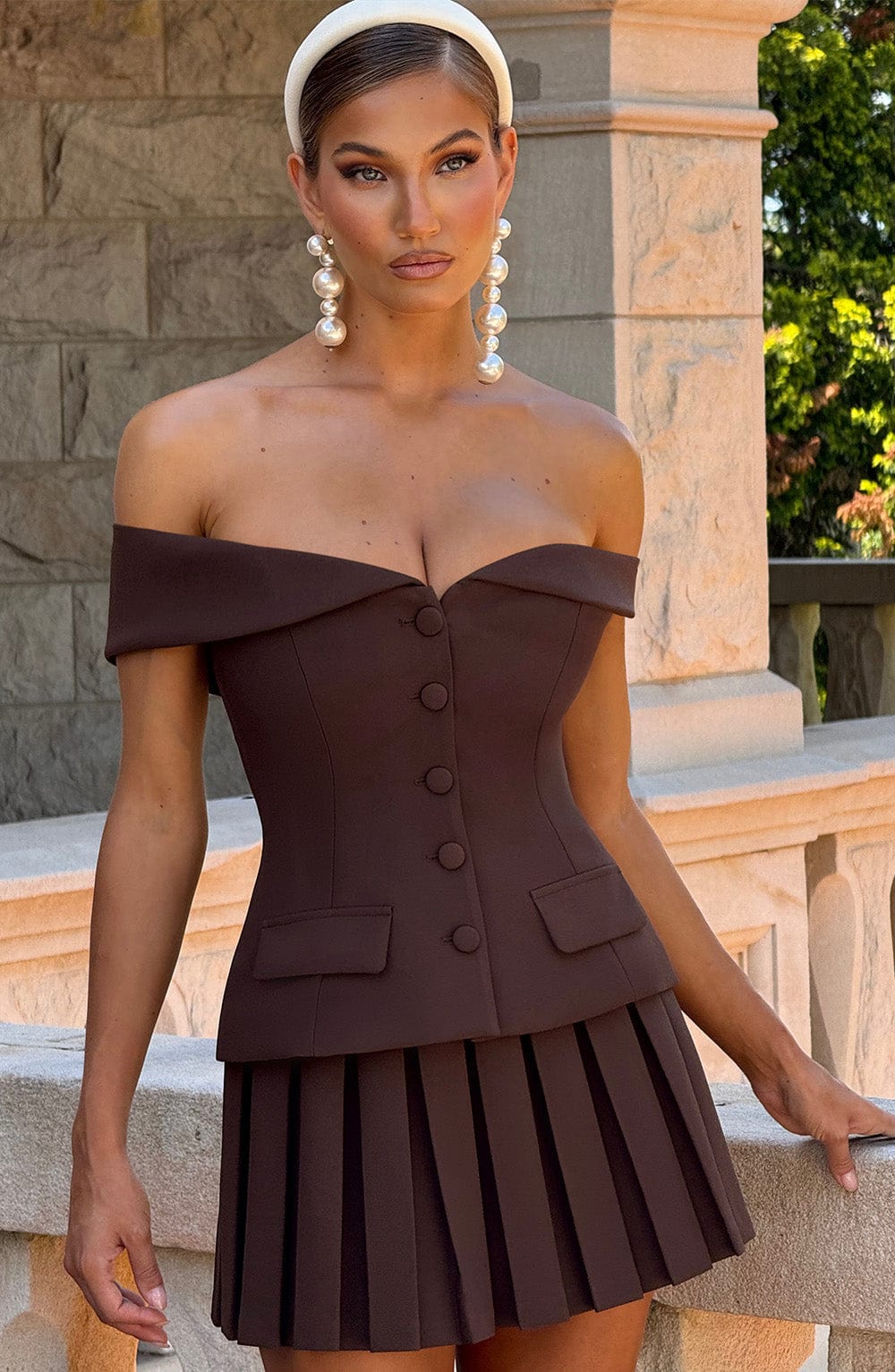 Blakely Plum Brown Bardot Neckline Button-Down Top