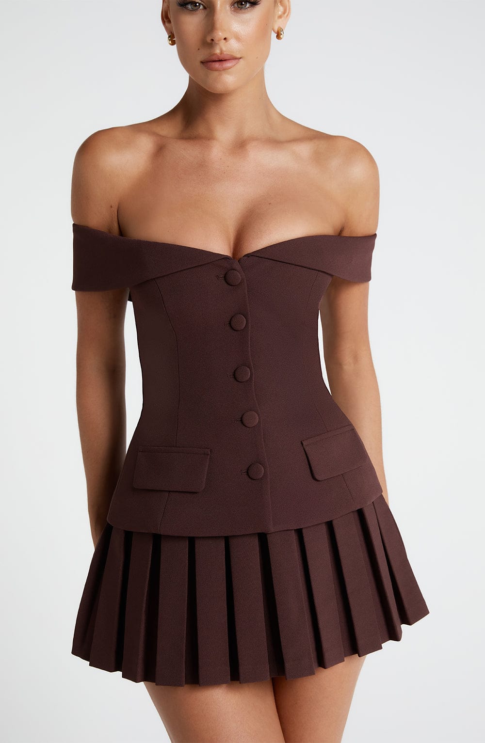 Blakely Plum Brown Bardot Neckline Button-Down Top