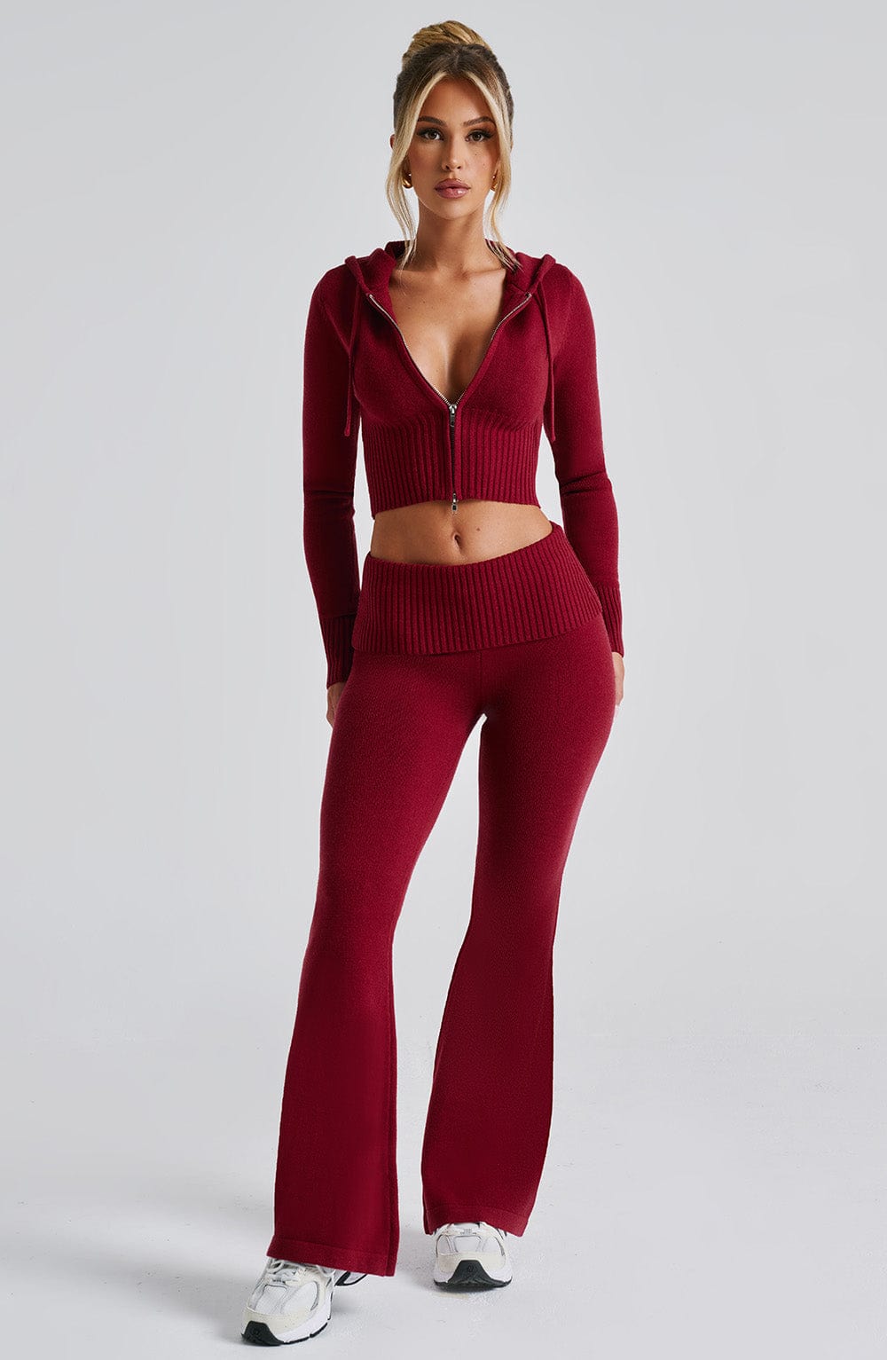 Portia Knit Flare Pants with Rib Waistband - Red
