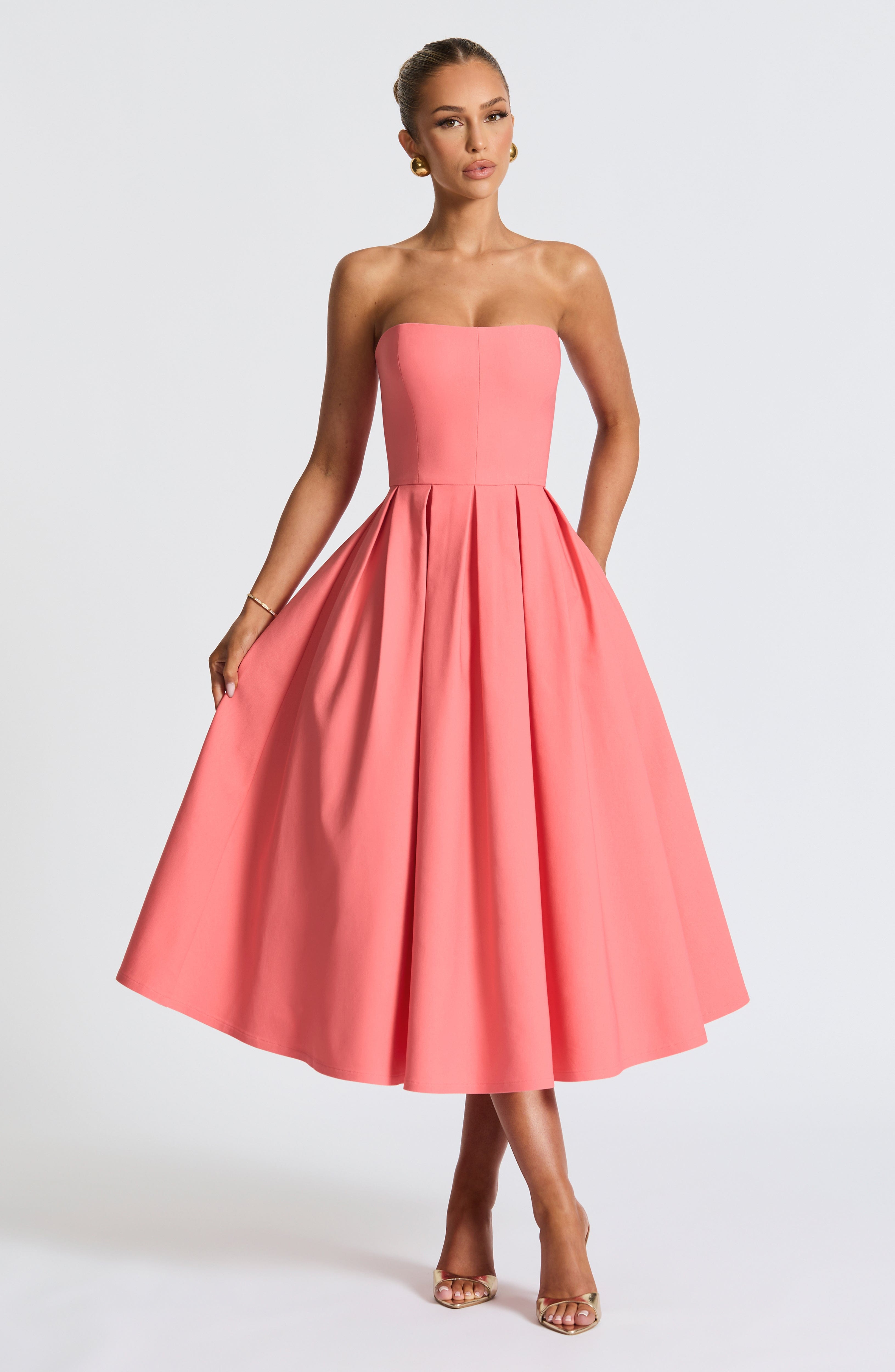 Coral Pink Edith Strapless Midi Dress with Boned Bodice