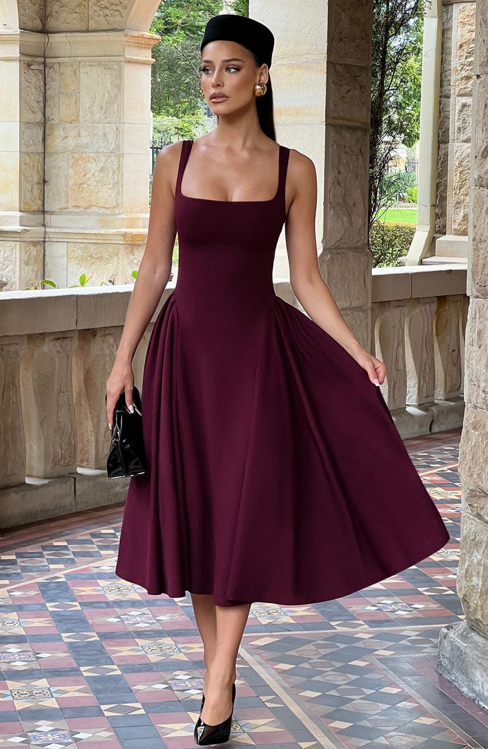Cherry Lacquer Betty Midi Dress with Godet Panels & Square Neckline