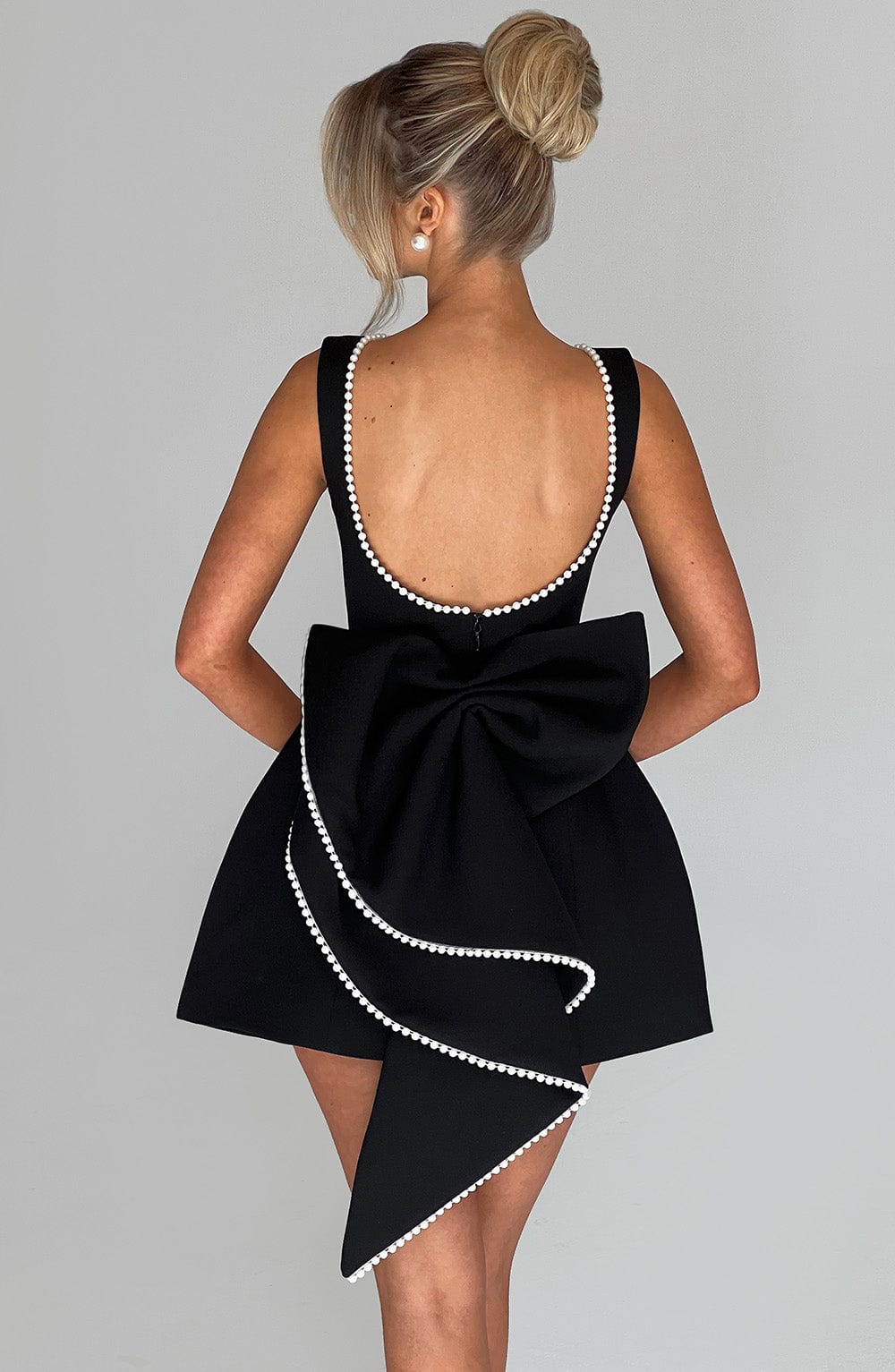 Black Pearl Trim Mini Dress with Detachable Bow - Carrie
