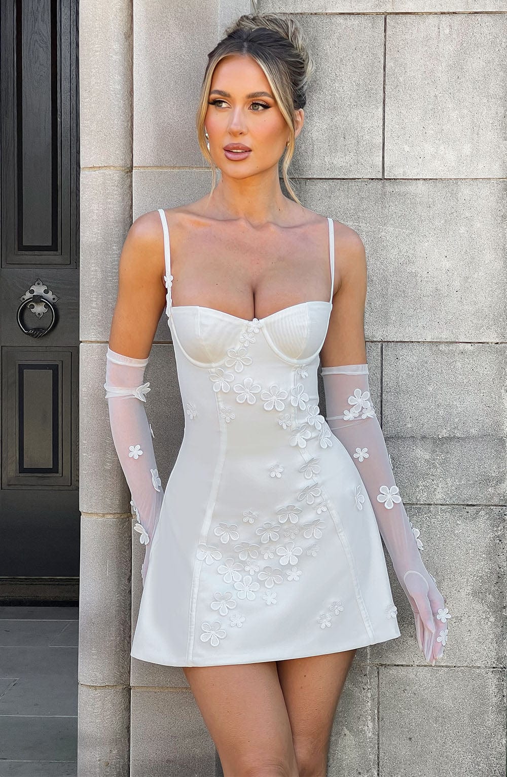 Dalary Ivory Mini Dress with 3D Flower Appliques & Underwire