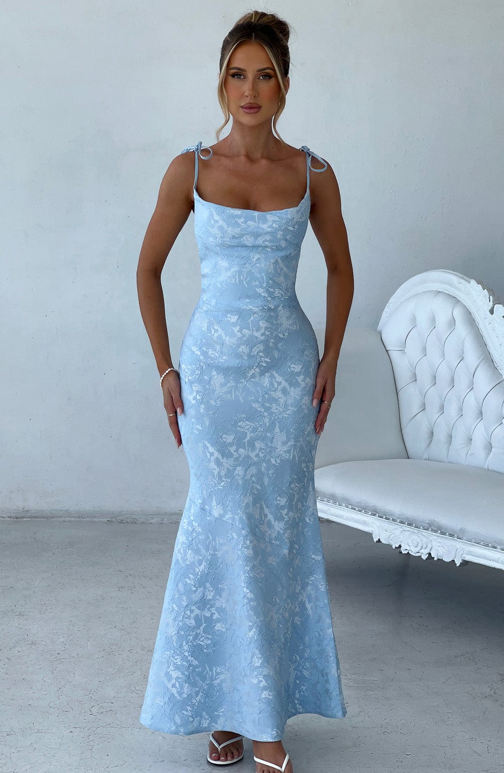 Blue Floral Jacquard Whitney Maxi Dress with Cowl Neck