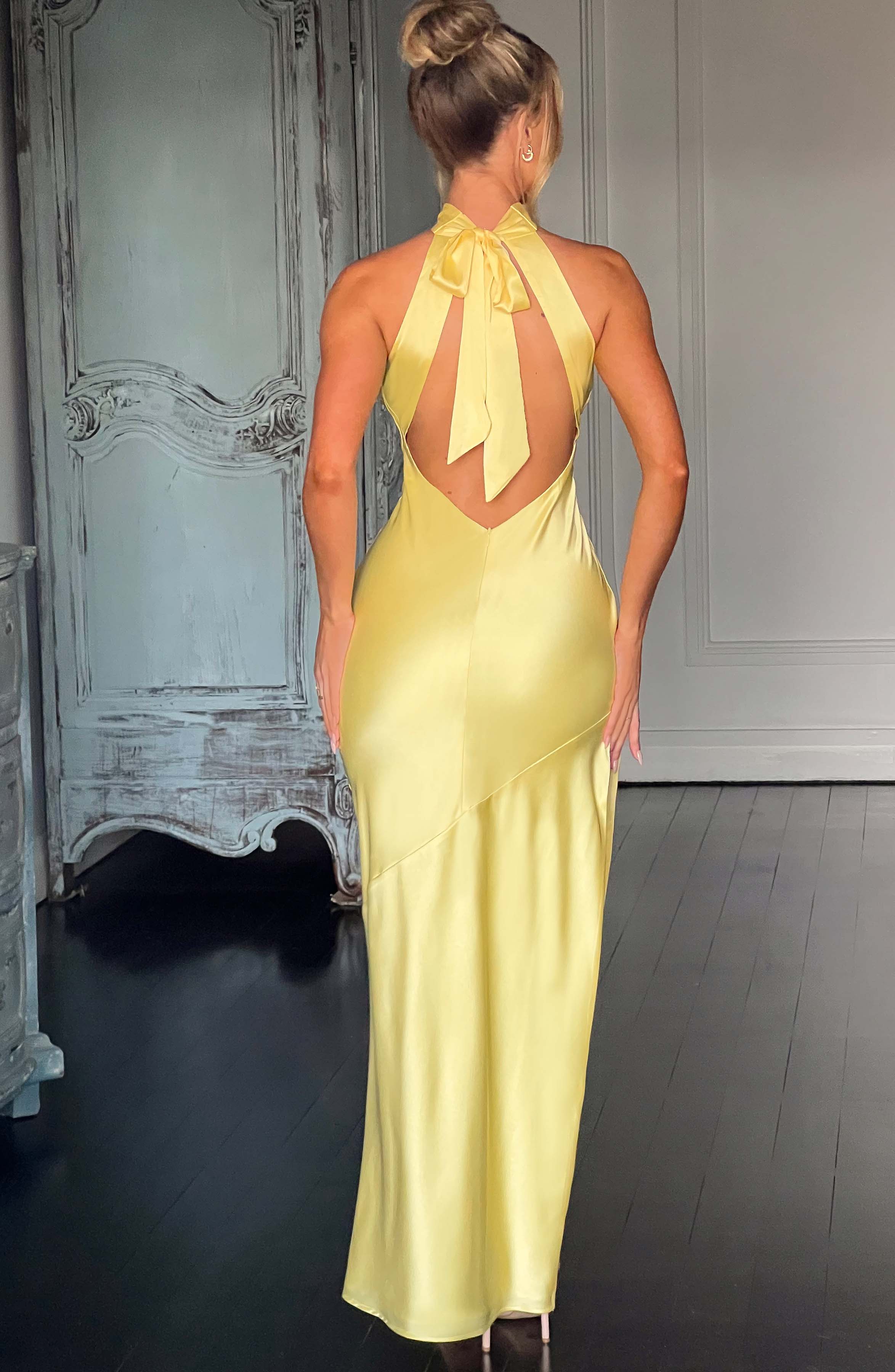 Etta Satin Backless Maxi Dress in Lemon | High Neck Tie Detail