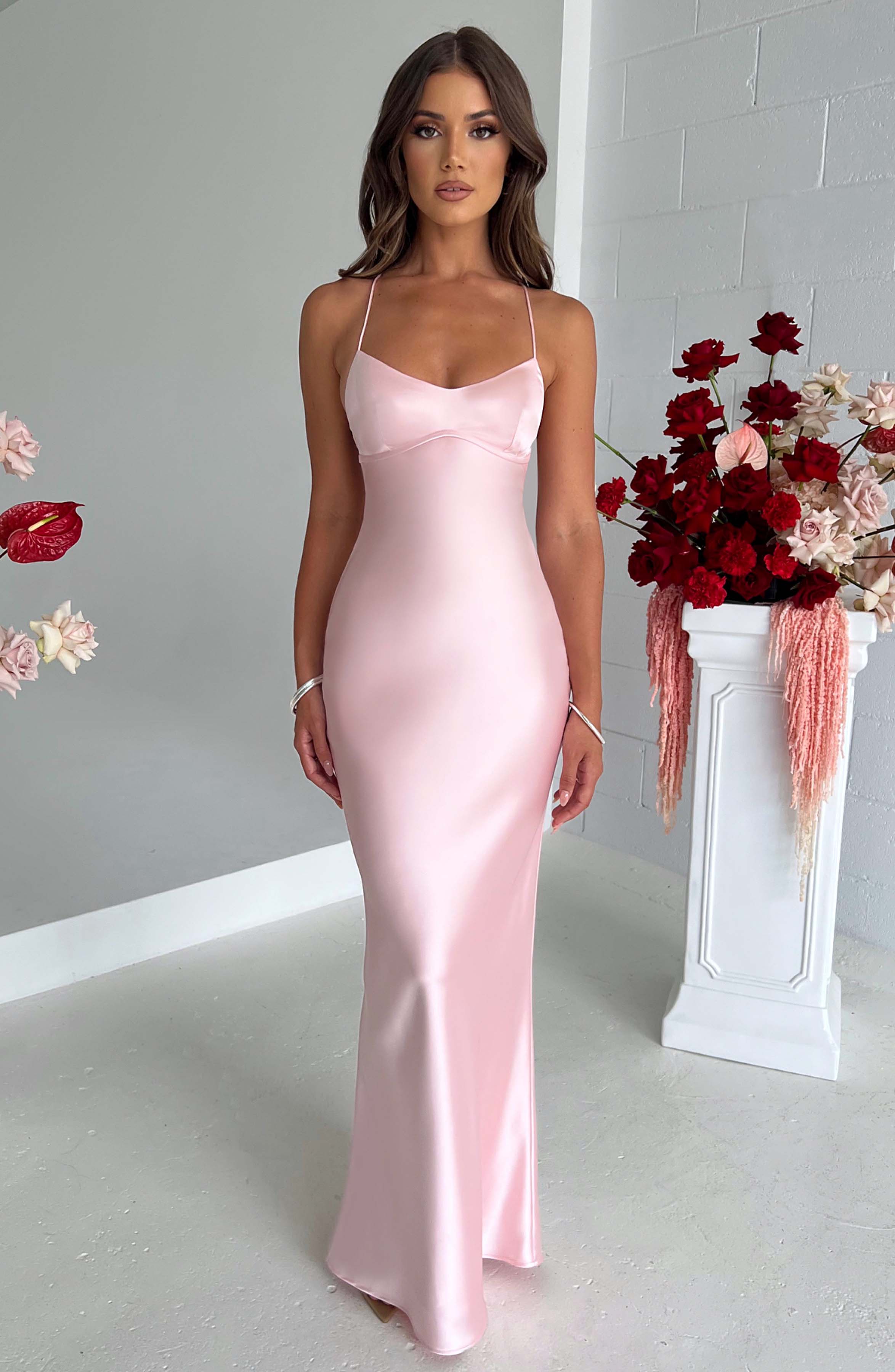 Malika Satin Maxi Dress with Low Back - Blush Pink Evening Gown