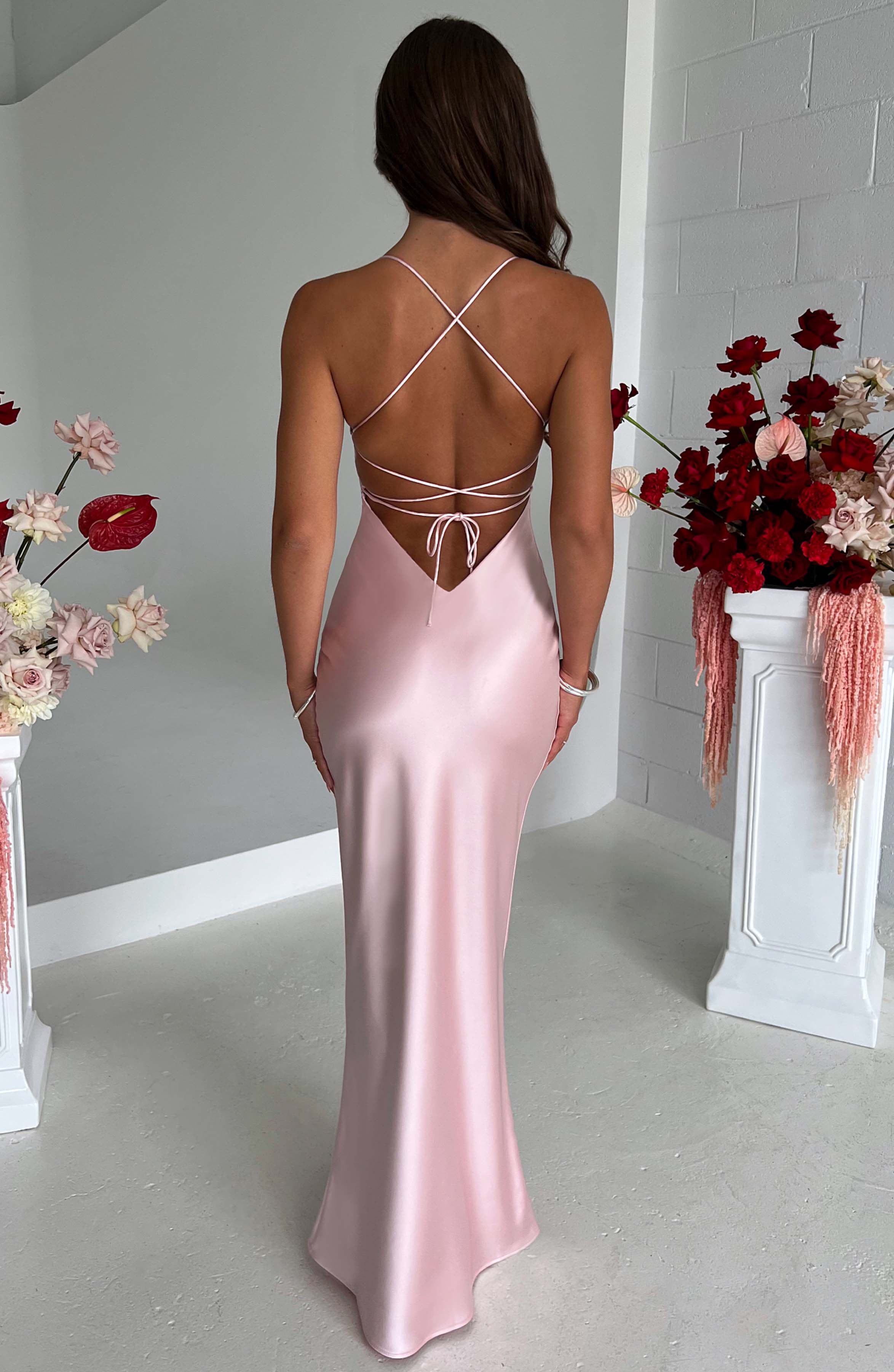 Malika Satin Maxi Dress with Low Back - Blush Pink Evening Gown