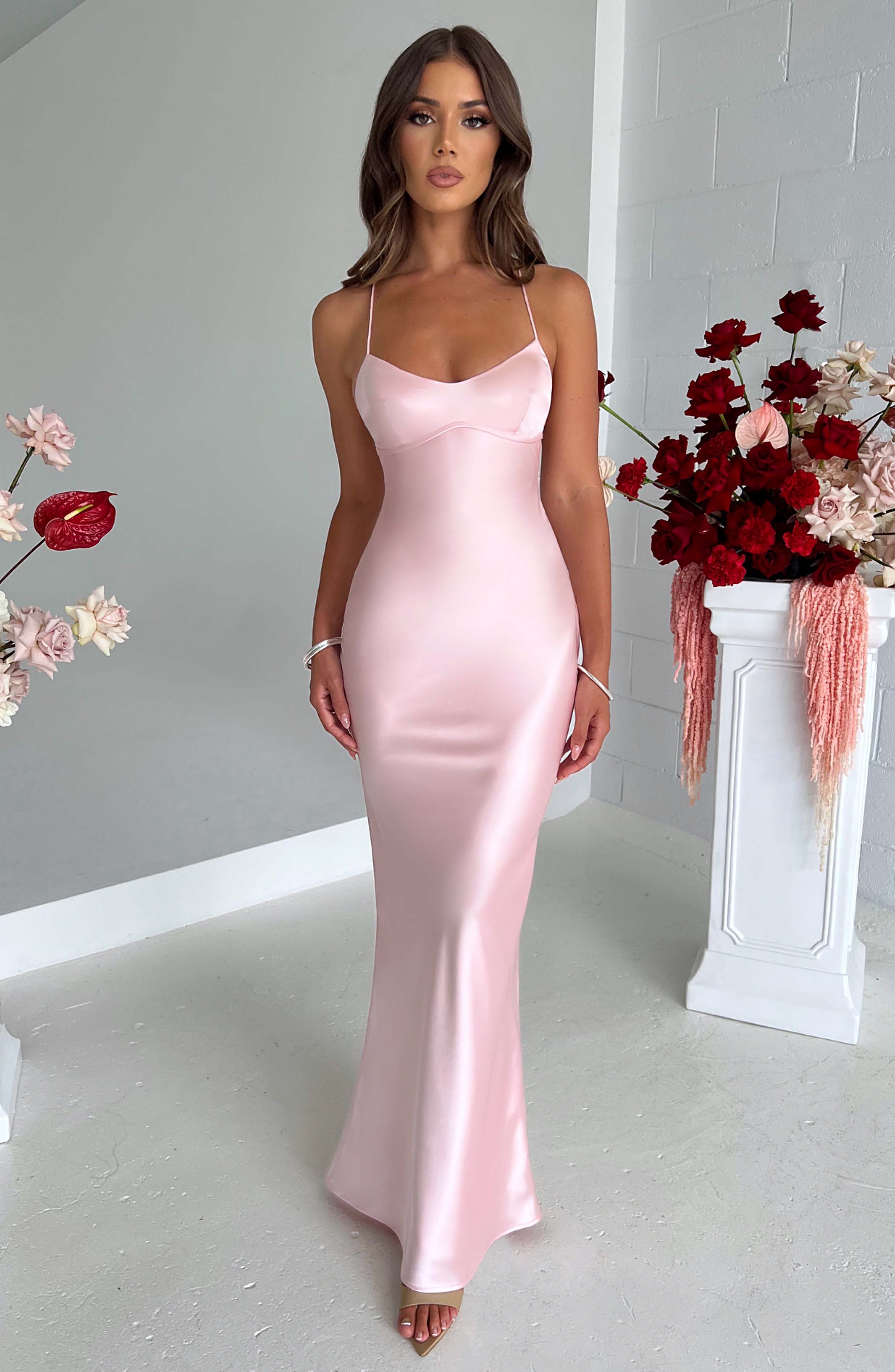 Malika Satin Maxi Dress with Low Back - Blush Pink Evening Gown