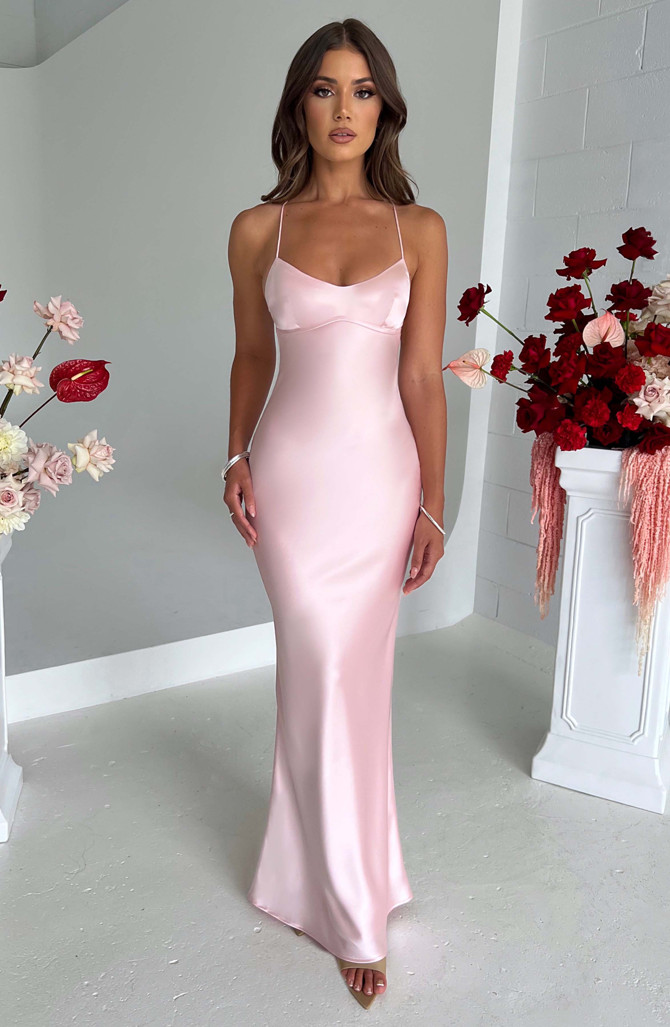 Malika Satin Maxi Dress with Low Back - Blush Pink Evening Gown