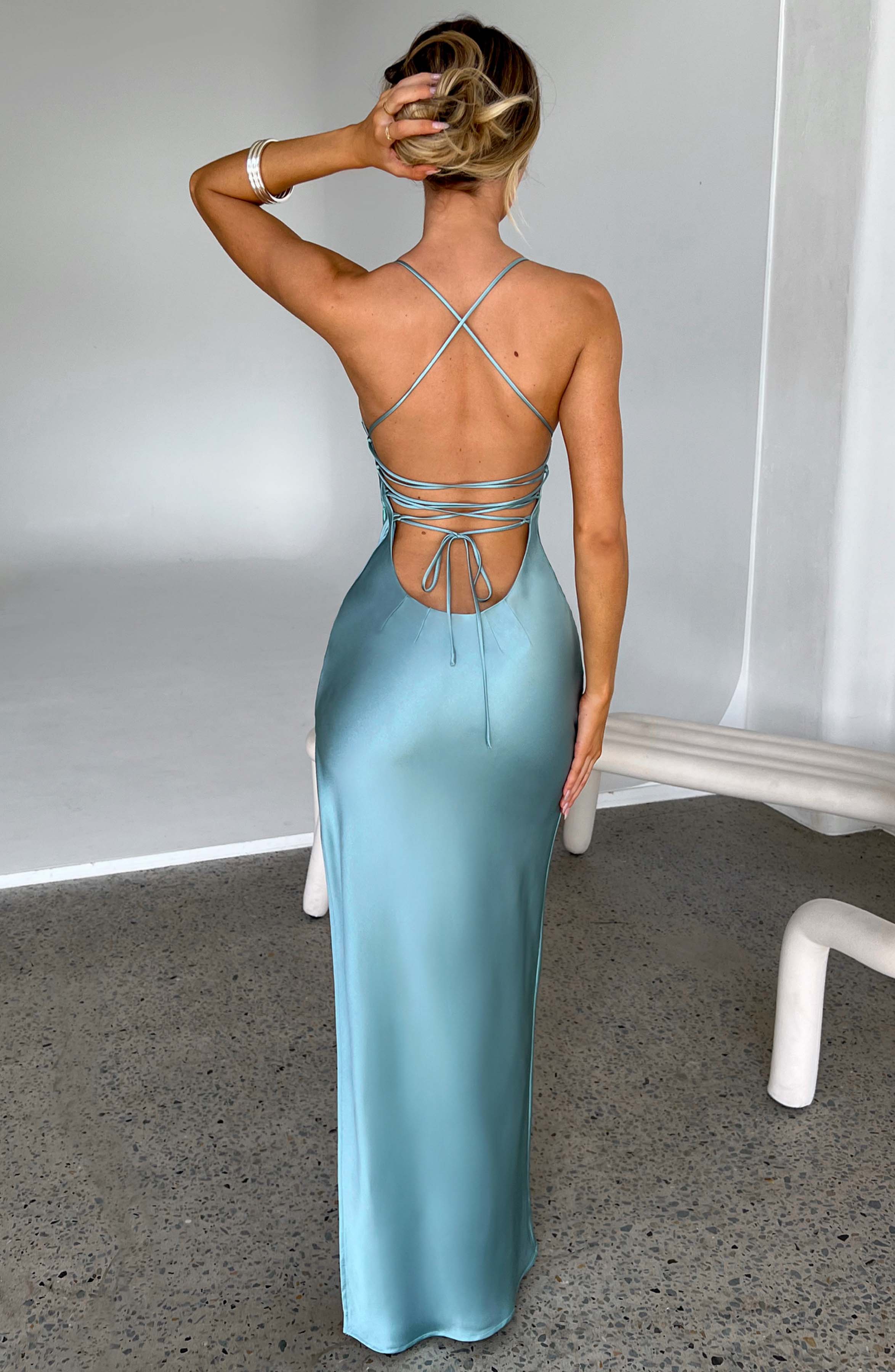 Turquoise Makalita Satin Bridesmaid Dress with Lace Up Back