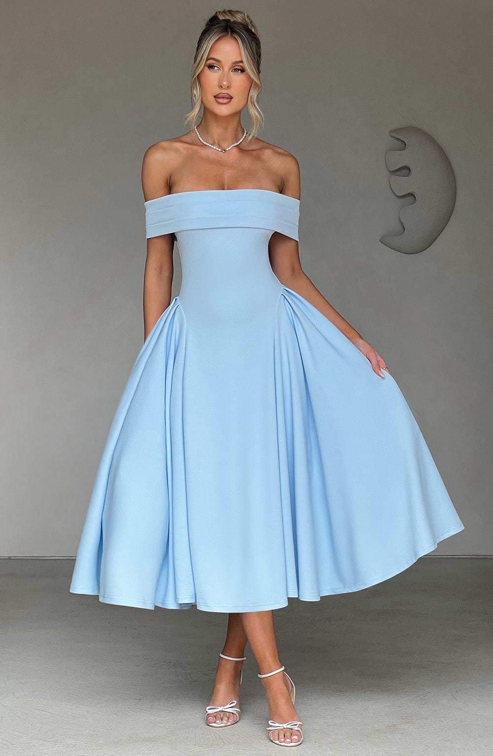 Blue Miranda Midi Dress - Pleated Bardot Neckline & Tulle Skirt