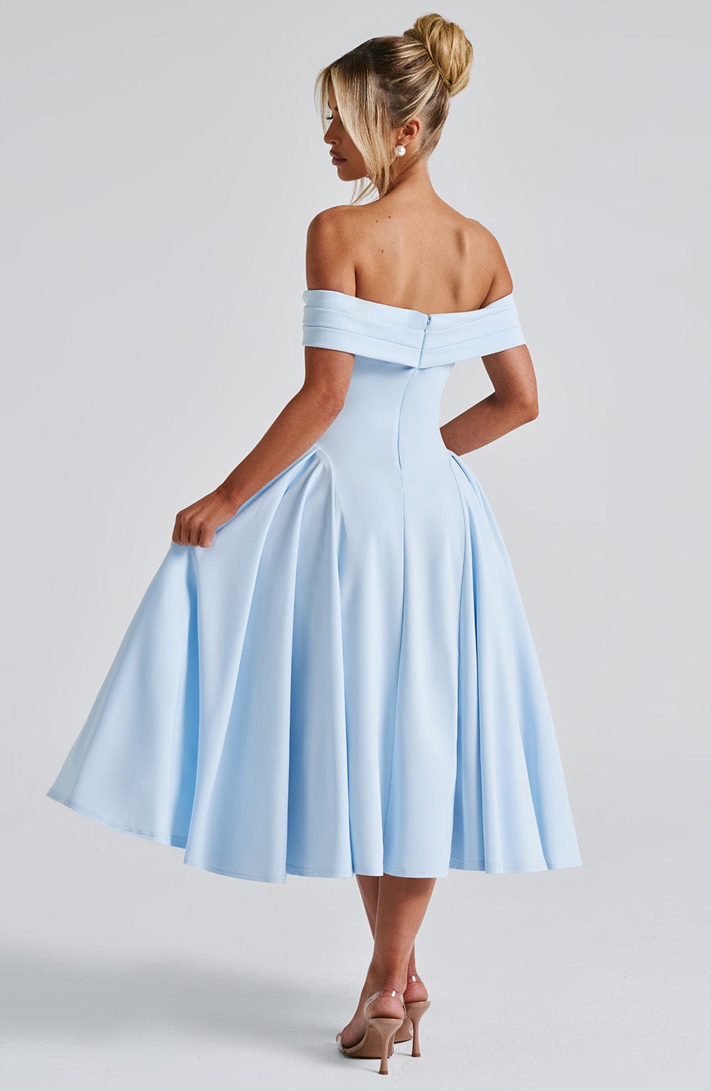 Blue Miranda Midi Dress - Pleated Bardot Neckline & Tulle Skirt