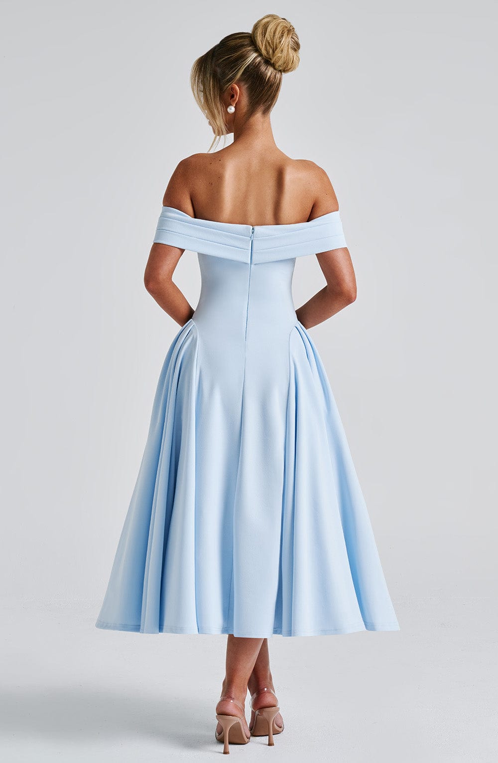 Blue Miranda Midi Dress - Pleated Bardot Neckline & Tulle Skirt