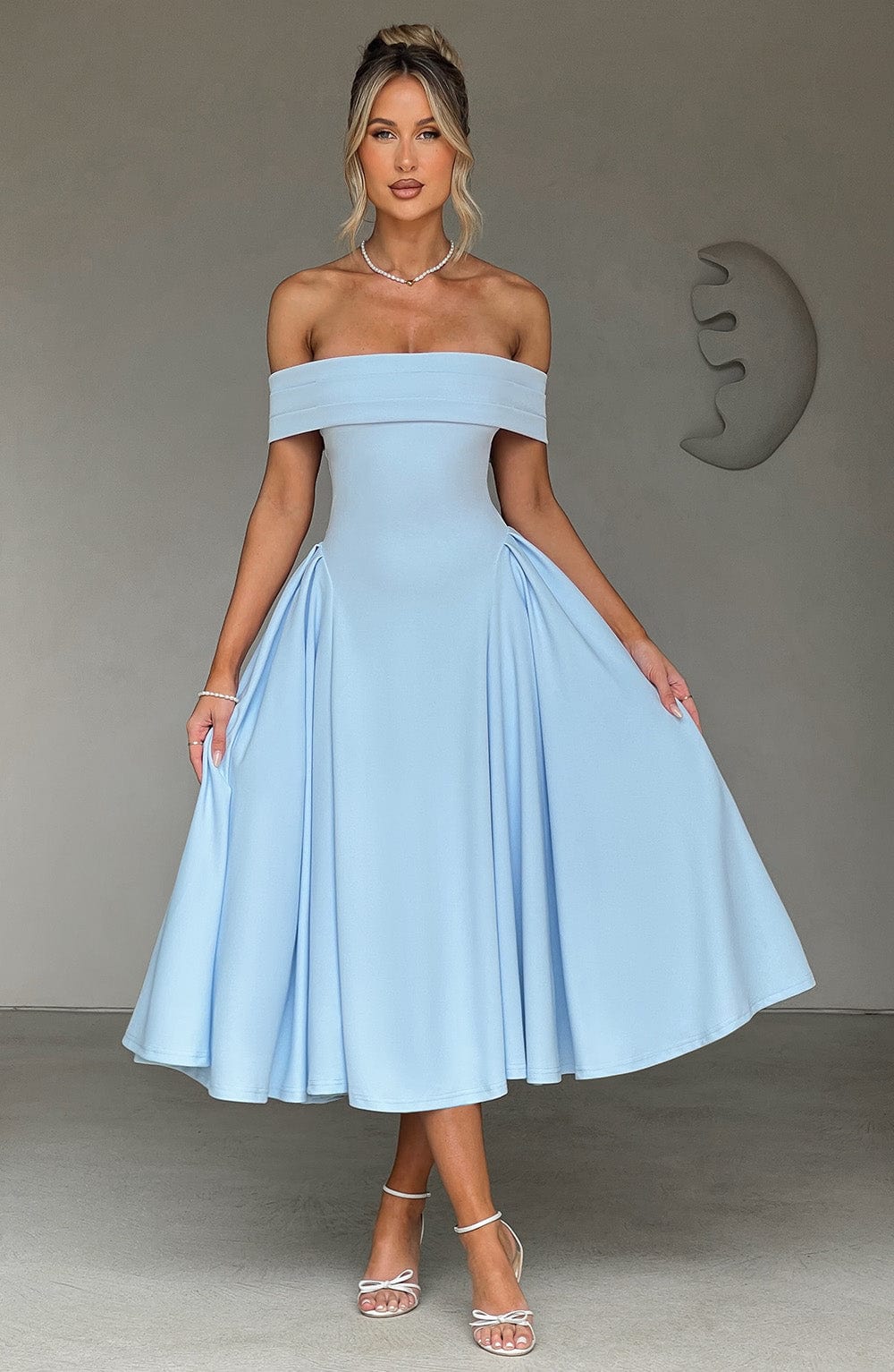 Blue Miranda Midi Dress - Pleated Bardot Neckline & Tulle Skirt