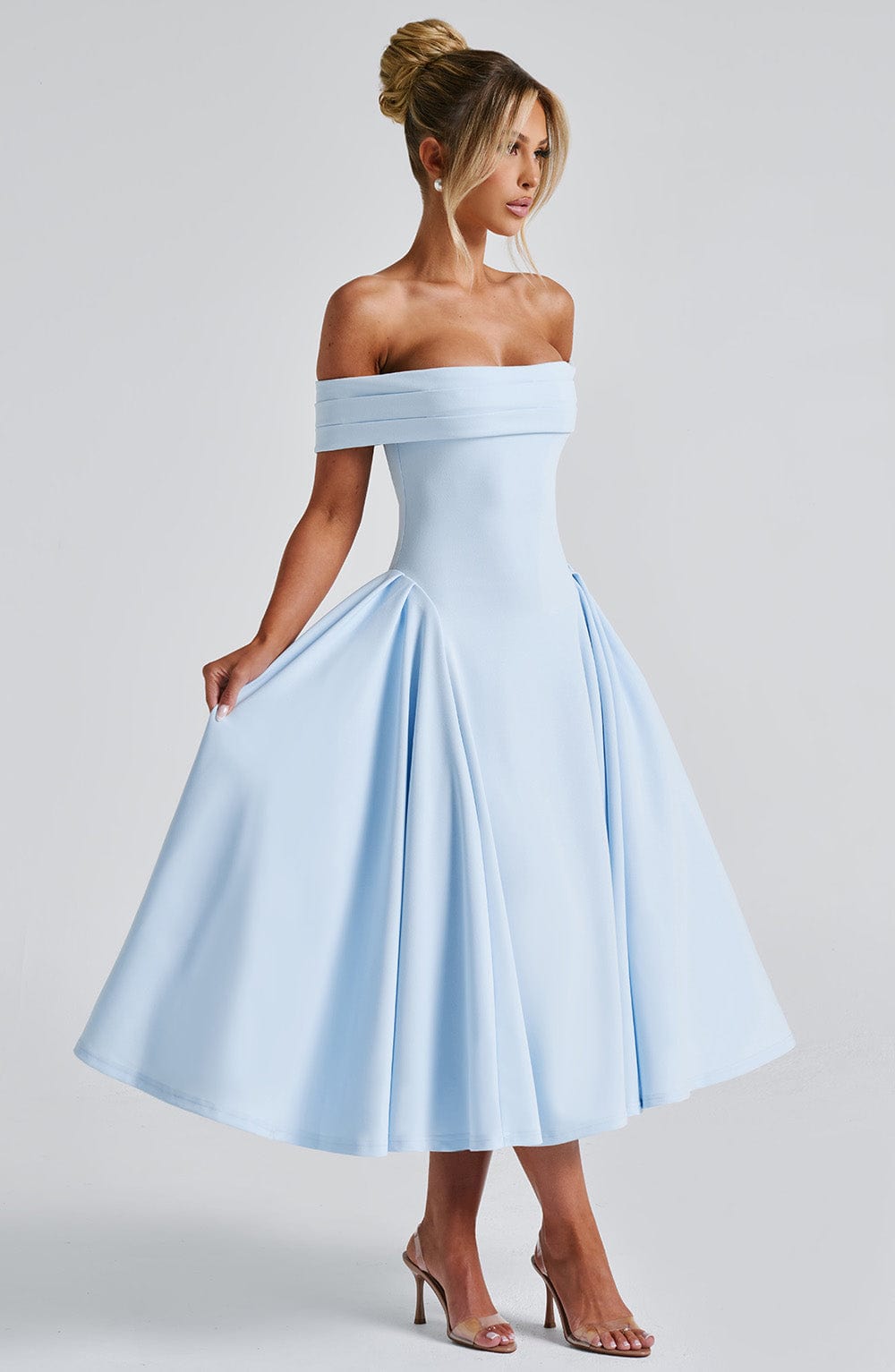Blue Miranda Midi Dress - Pleated Bardot Neckline & Tulle Skirt