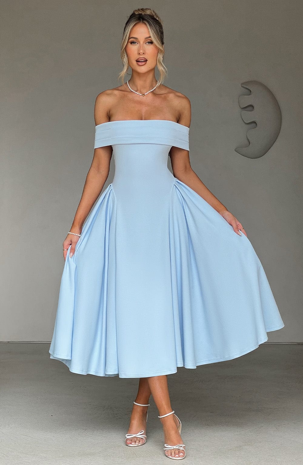 Blue Miranda Midi Dress - Pleated Bardot Neckline & Tulle Skirt