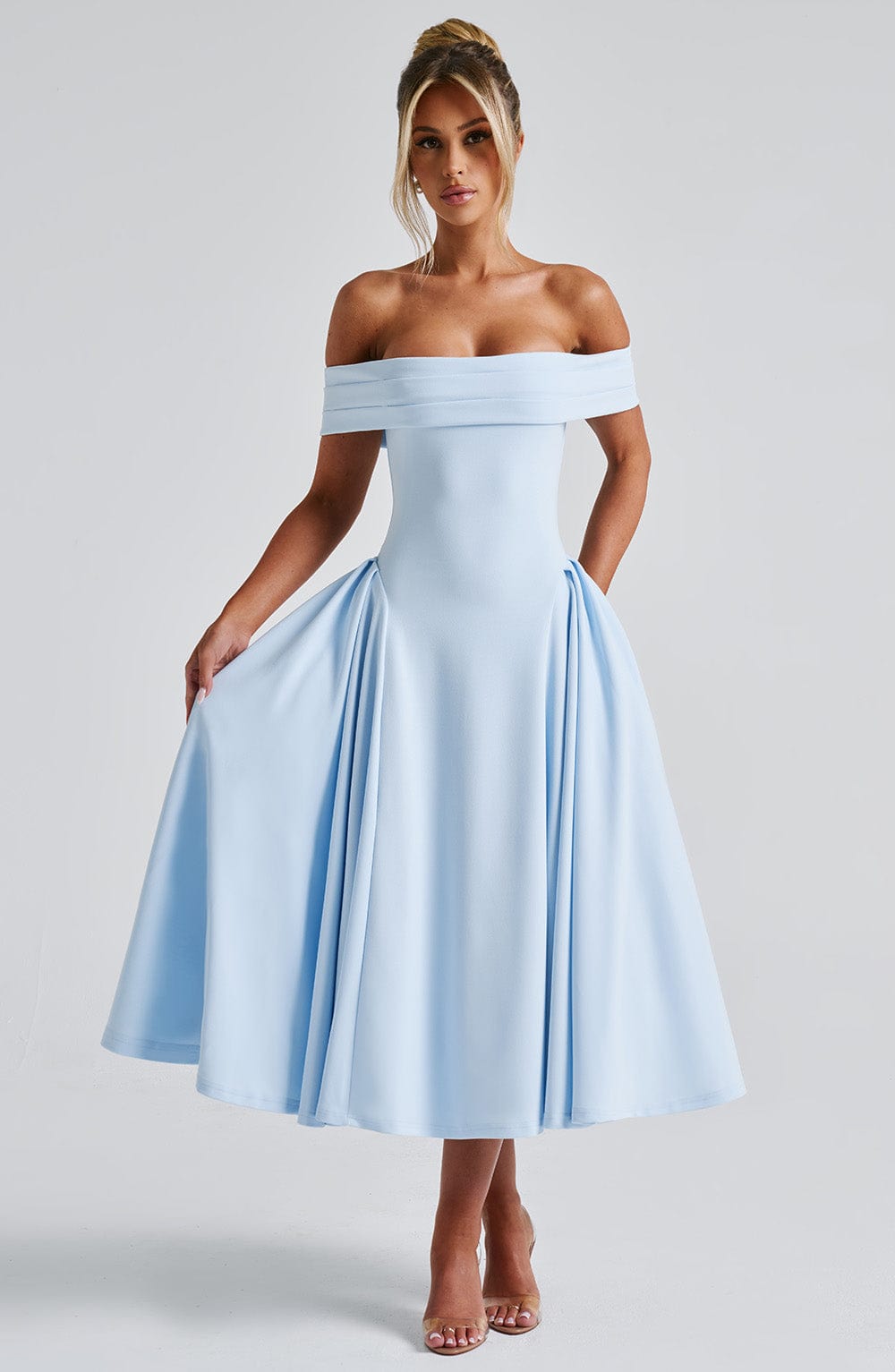 Blue Miranda Midi Dress - Pleated Bardot Neckline & Tulle Skirt