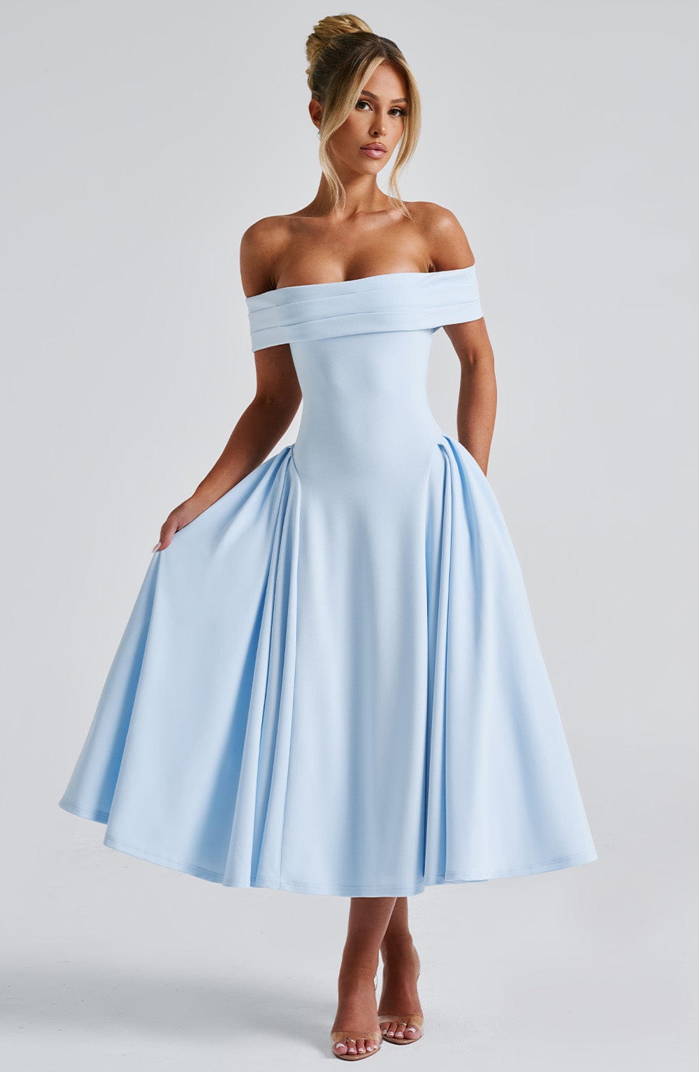 Blue Miranda Midi Dress - Pleated Bardot Neckline & Tulle Skirt