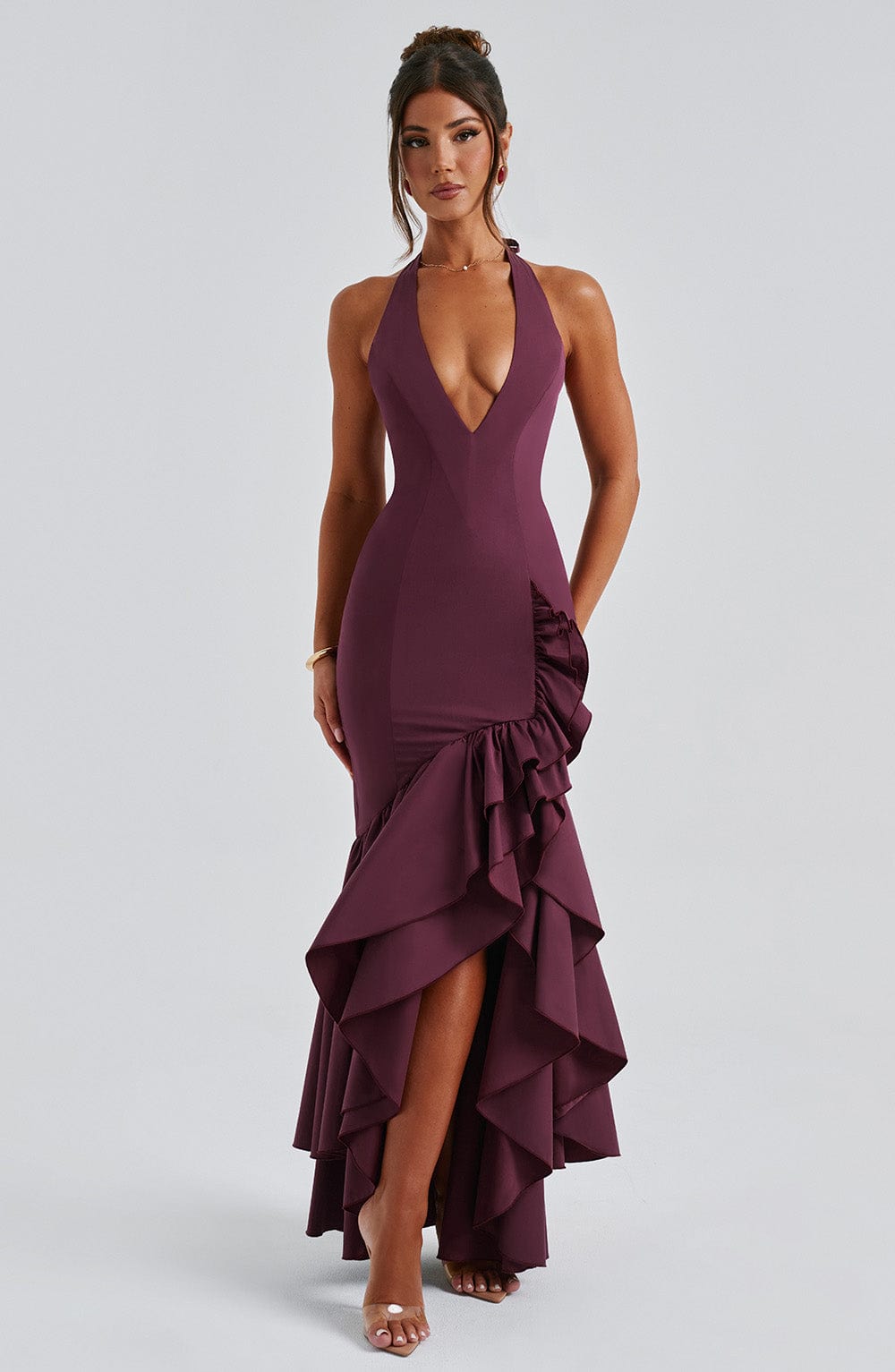 Veronique Halter Neck Maxi Dress with Ruffle Skirt - Cherry Lacquer