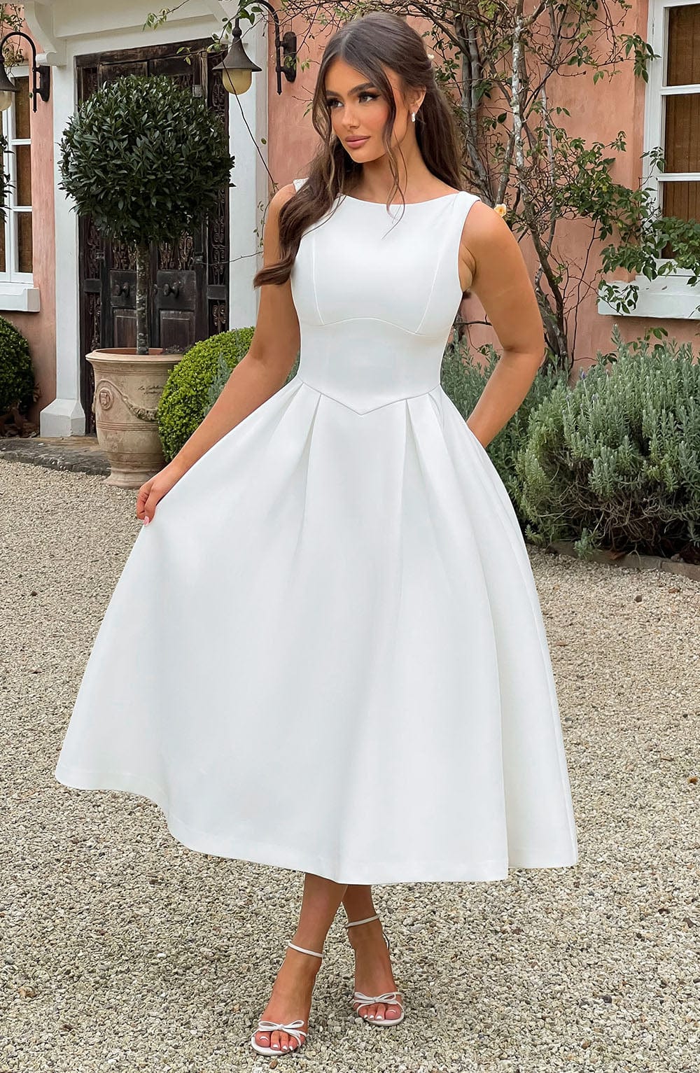 Clarabella Ivory Midi Dress with Tulle Skirt & Scoop Back