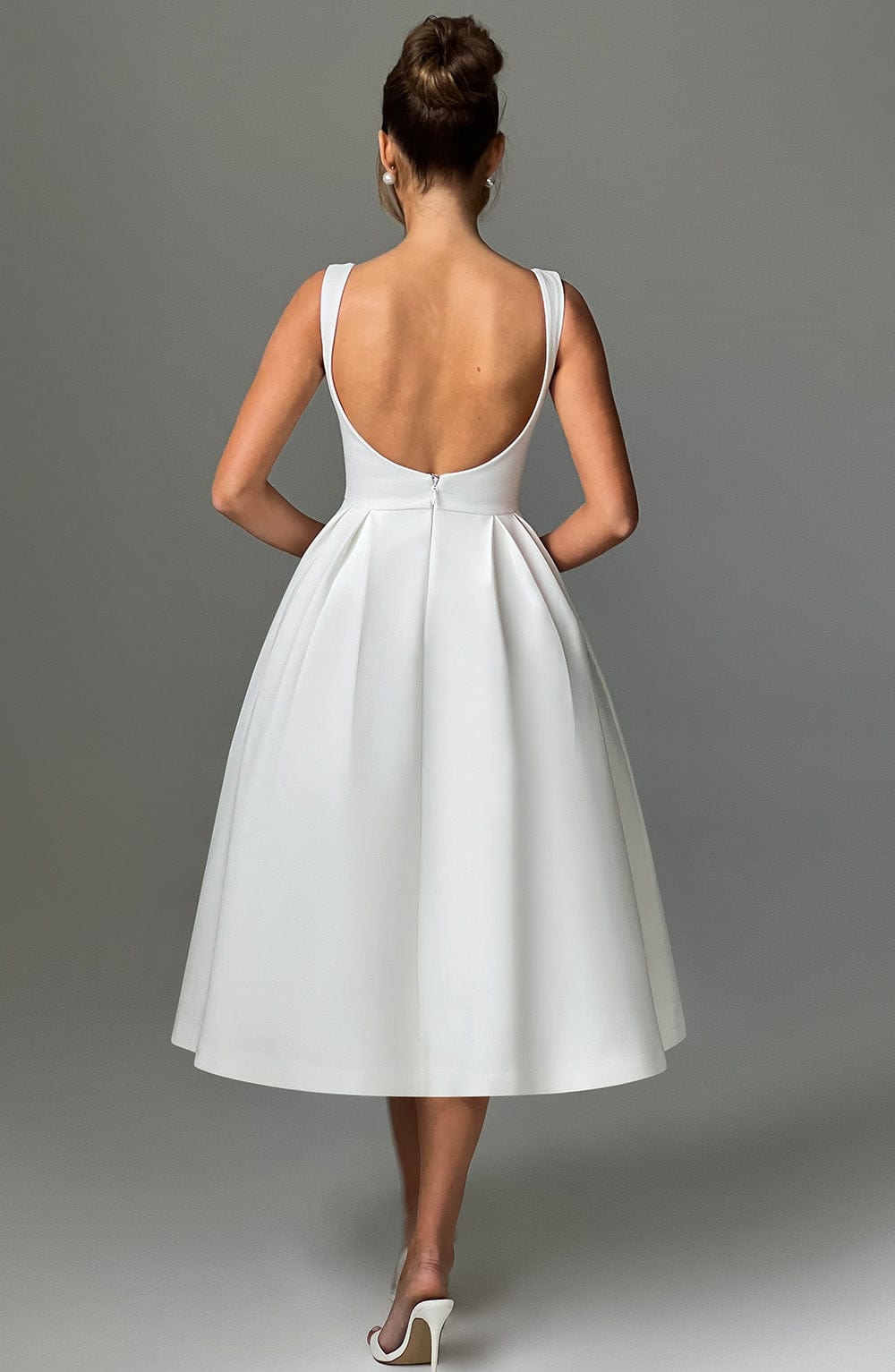 Clarabella Ivory Midi Dress with Tulle Skirt & Scoop Back