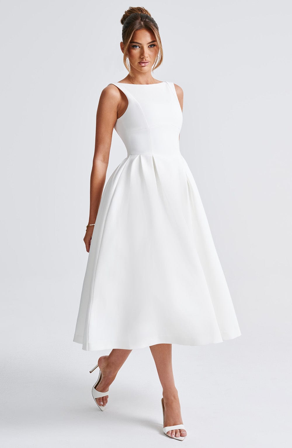 Clarabella Ivory Midi Dress with Tulle Skirt & Scoop Back