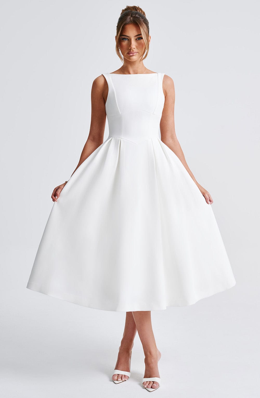 Clarabella Ivory Midi Dress with Tulle Skirt & Scoop Back