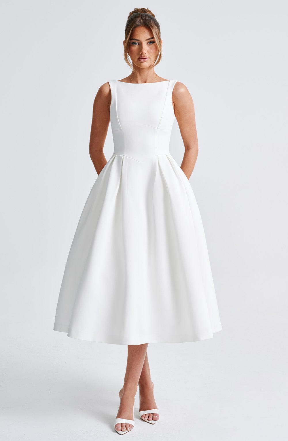 Clarabella Ivory Midi Dress with Tulle Skirt & Scoop Back