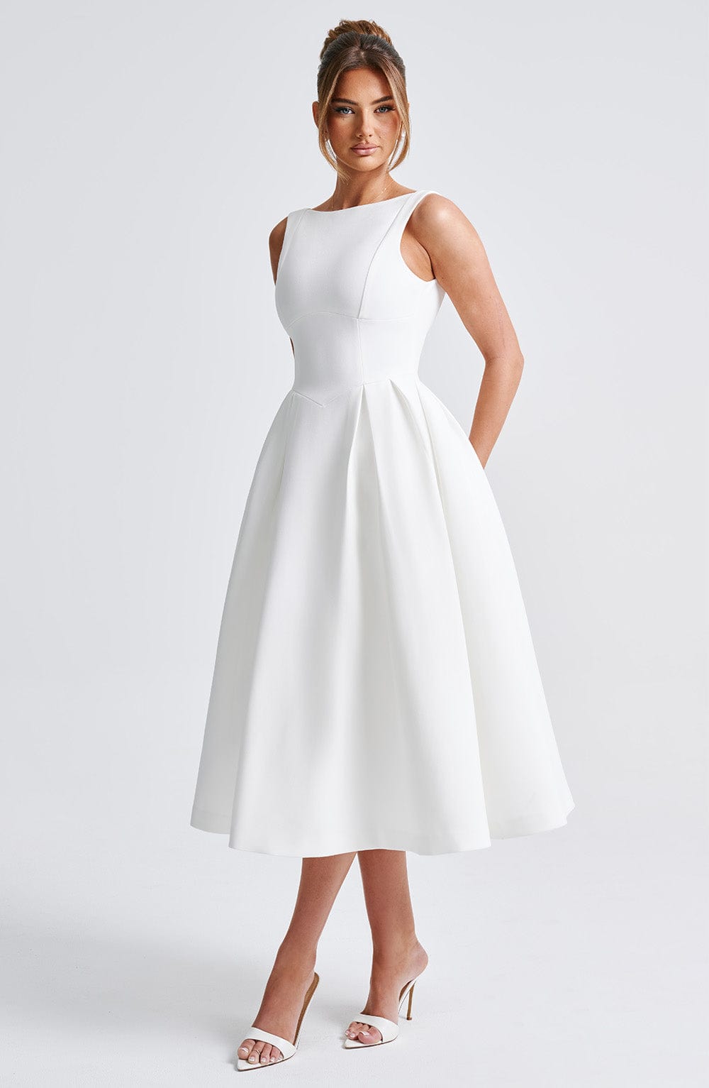 Clarabella Ivory Midi Dress with Tulle Skirt & Scoop Back