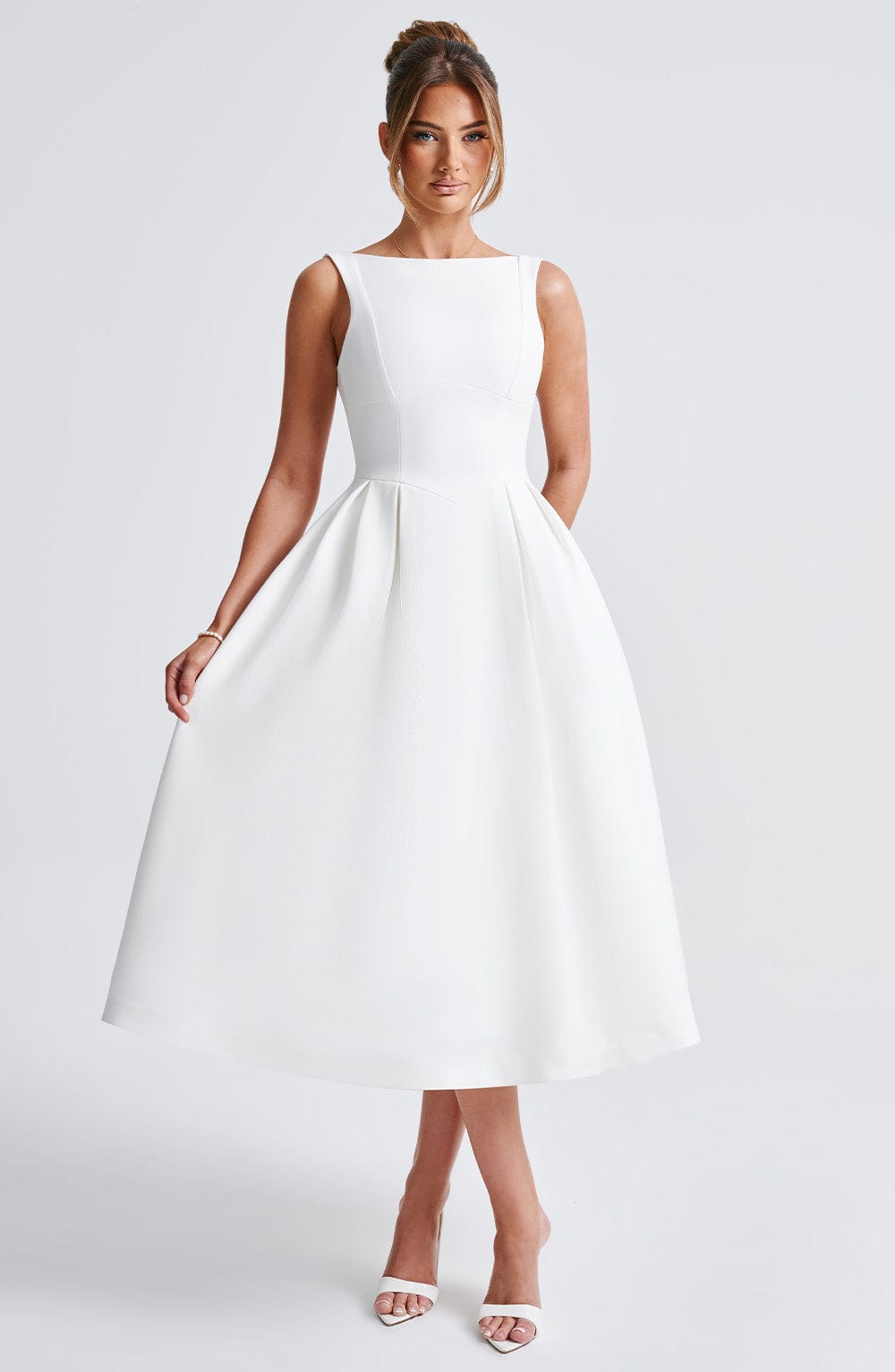 Clarabella Ivory Midi Dress with Tulle Skirt & Scoop Back