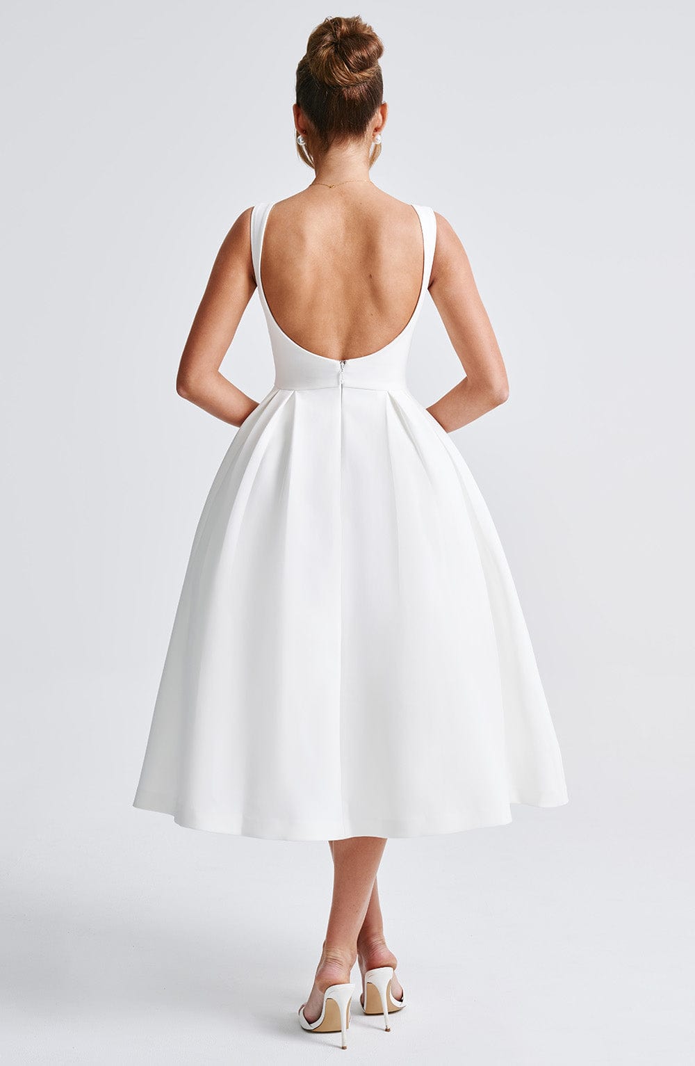 Clarabella Ivory Midi Dress with Tulle Skirt & Scoop Back