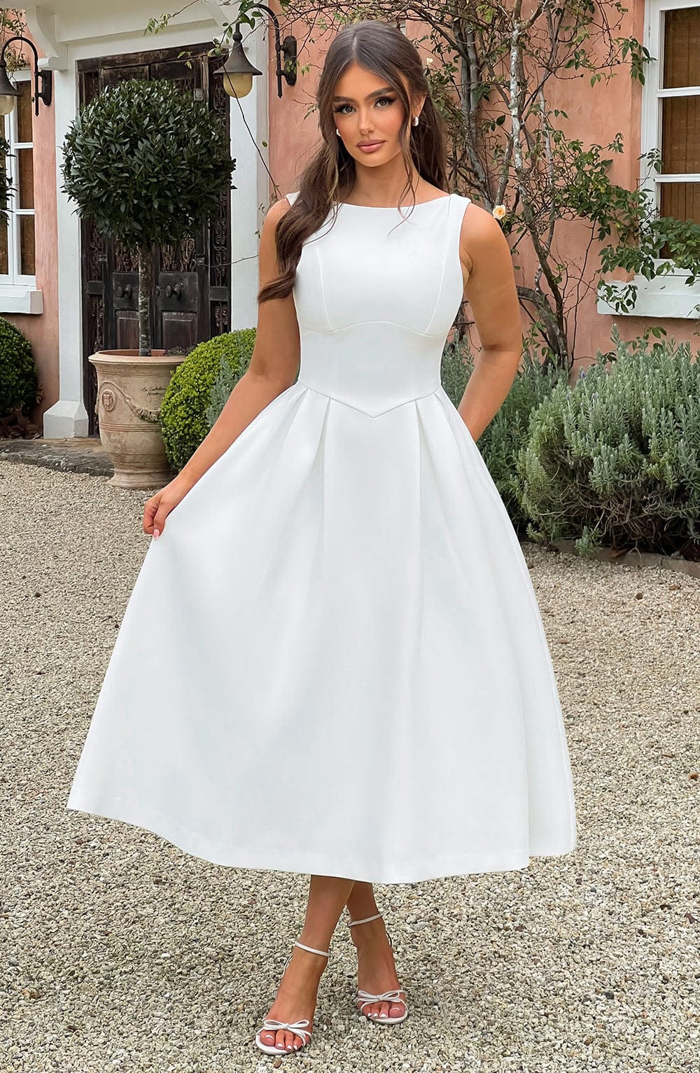 Clarabella Ivory Midi Dress with Tulle Skirt & Scoop Back