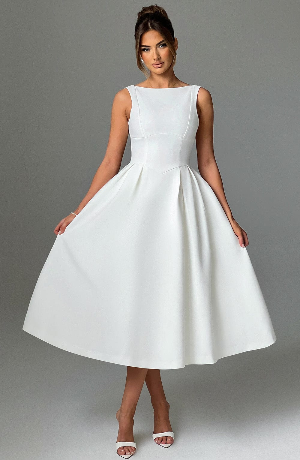 Clarabella Ivory Midi Dress with Tulle Skirt & Scoop Back