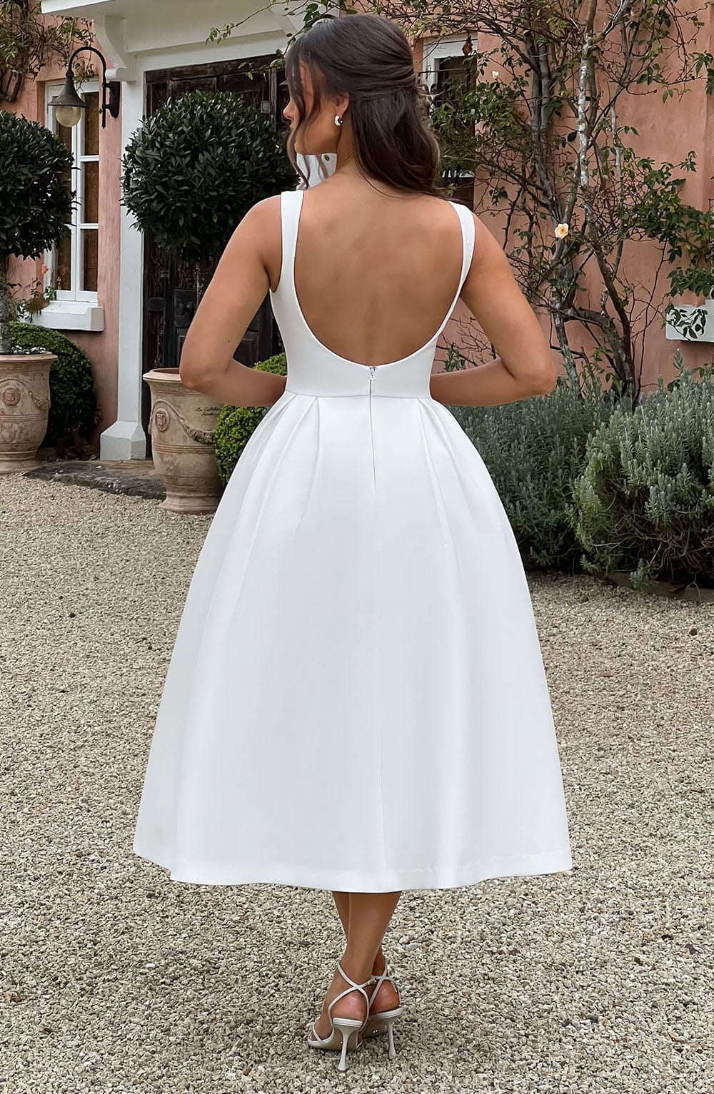 Clarabella Ivory Midi Dress with Tulle Skirt & Scoop Back
