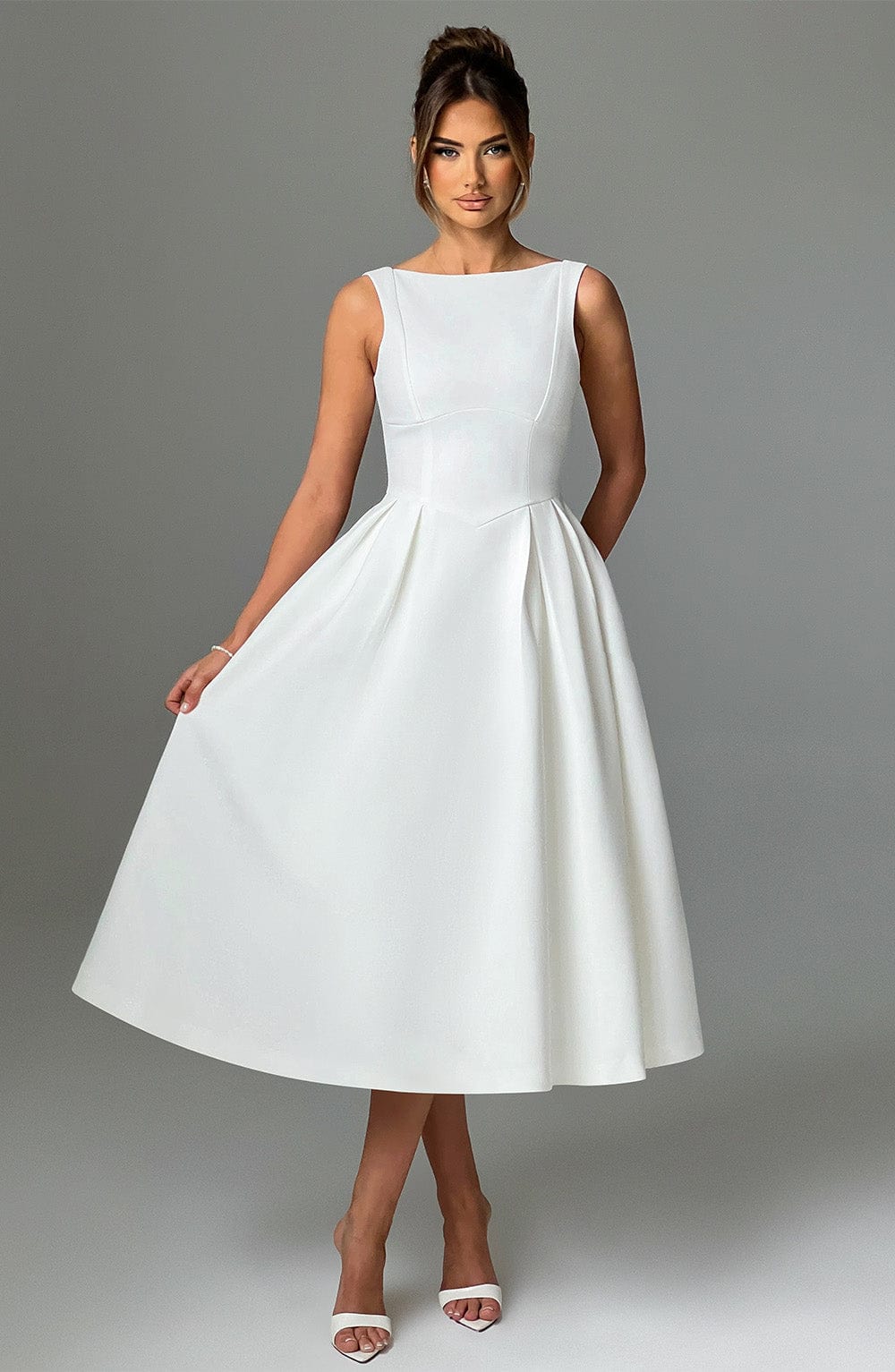 Clarabella Ivory Midi Dress with Tulle Skirt & Scoop Back