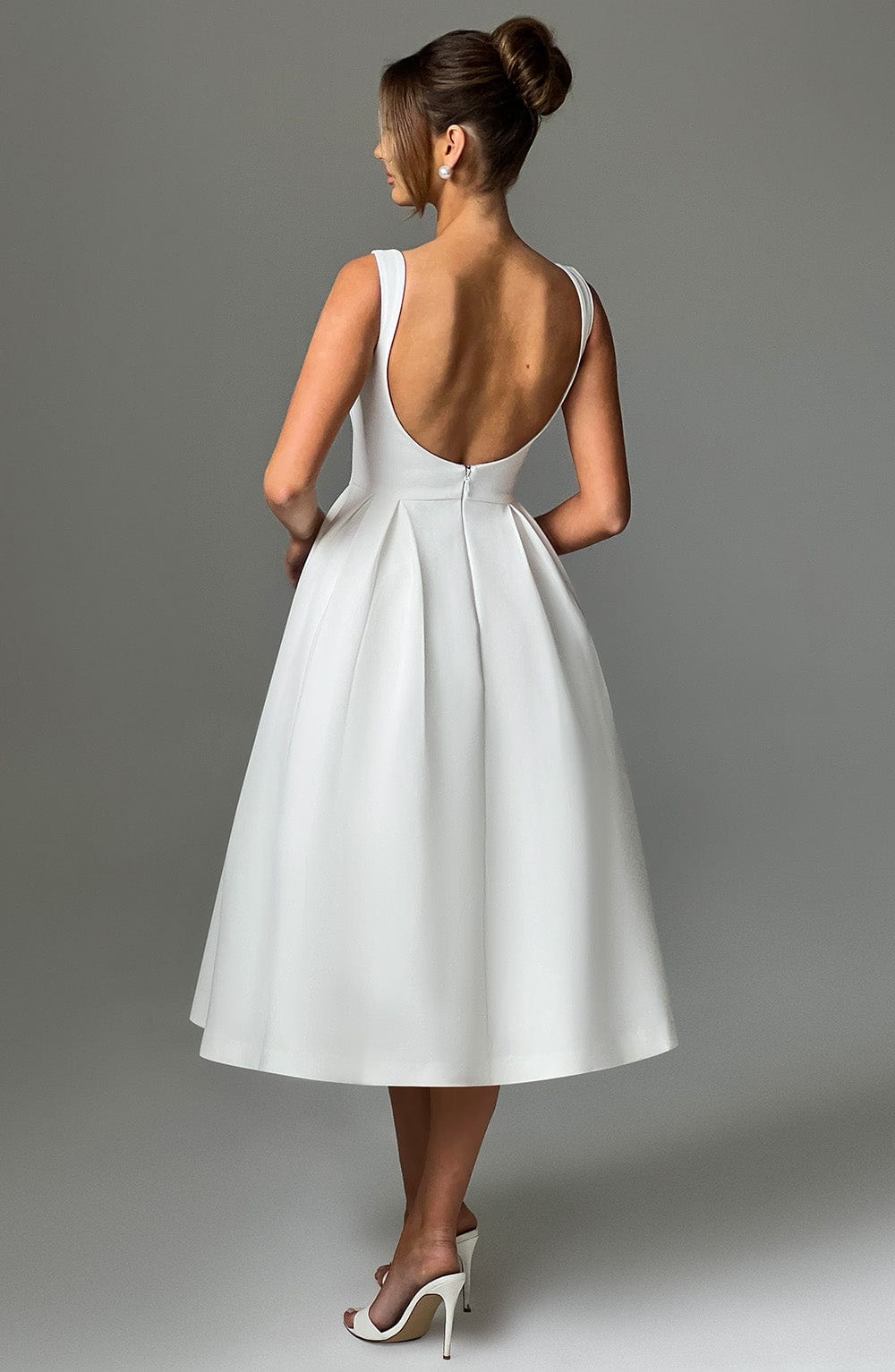 Clarabella Ivory Midi Dress with Tulle Skirt & Scoop Back