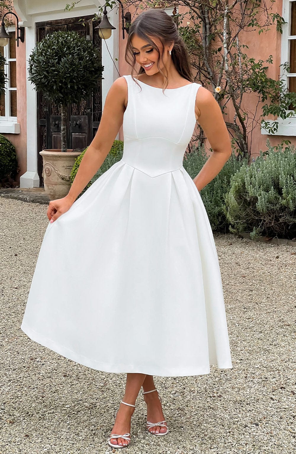 Clarabella Ivory Midi Dress with Tulle Skirt & Scoop Back