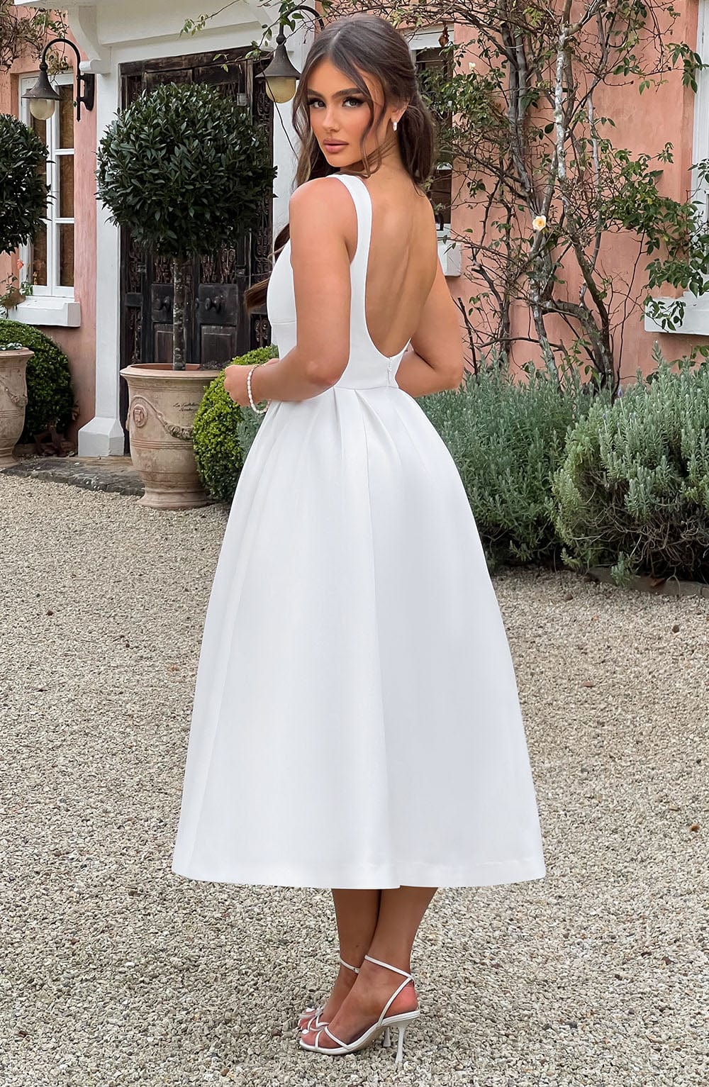 Clarabella Ivory Midi Dress with Tulle Skirt & Scoop Back