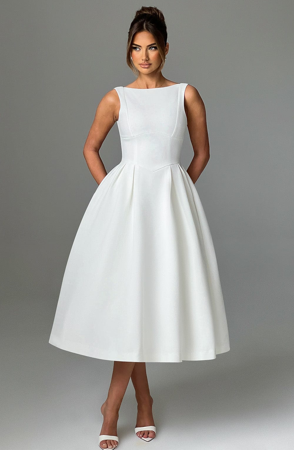 Clarabella Ivory Midi Dress with Tulle Skirt & Scoop Back
