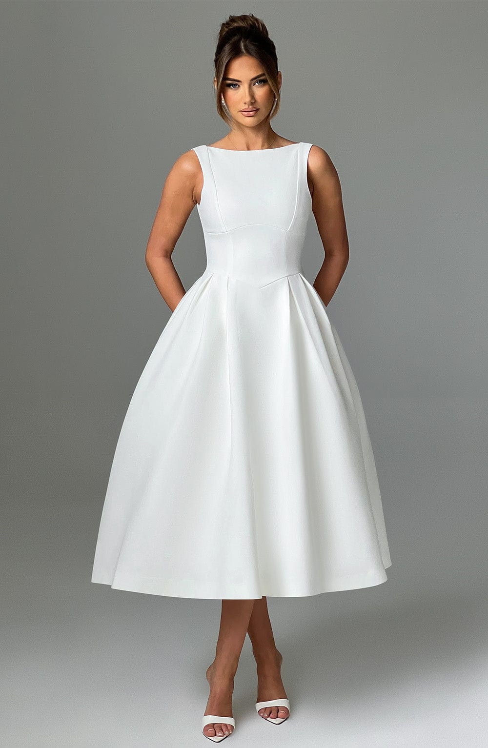 Clarabella Ivory Midi Dress with Tulle Skirt & Scoop Back