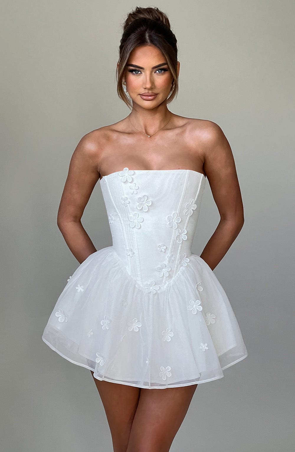 Justina Ivory Strapless Playsuit with Floral Applique & Lace Up Back