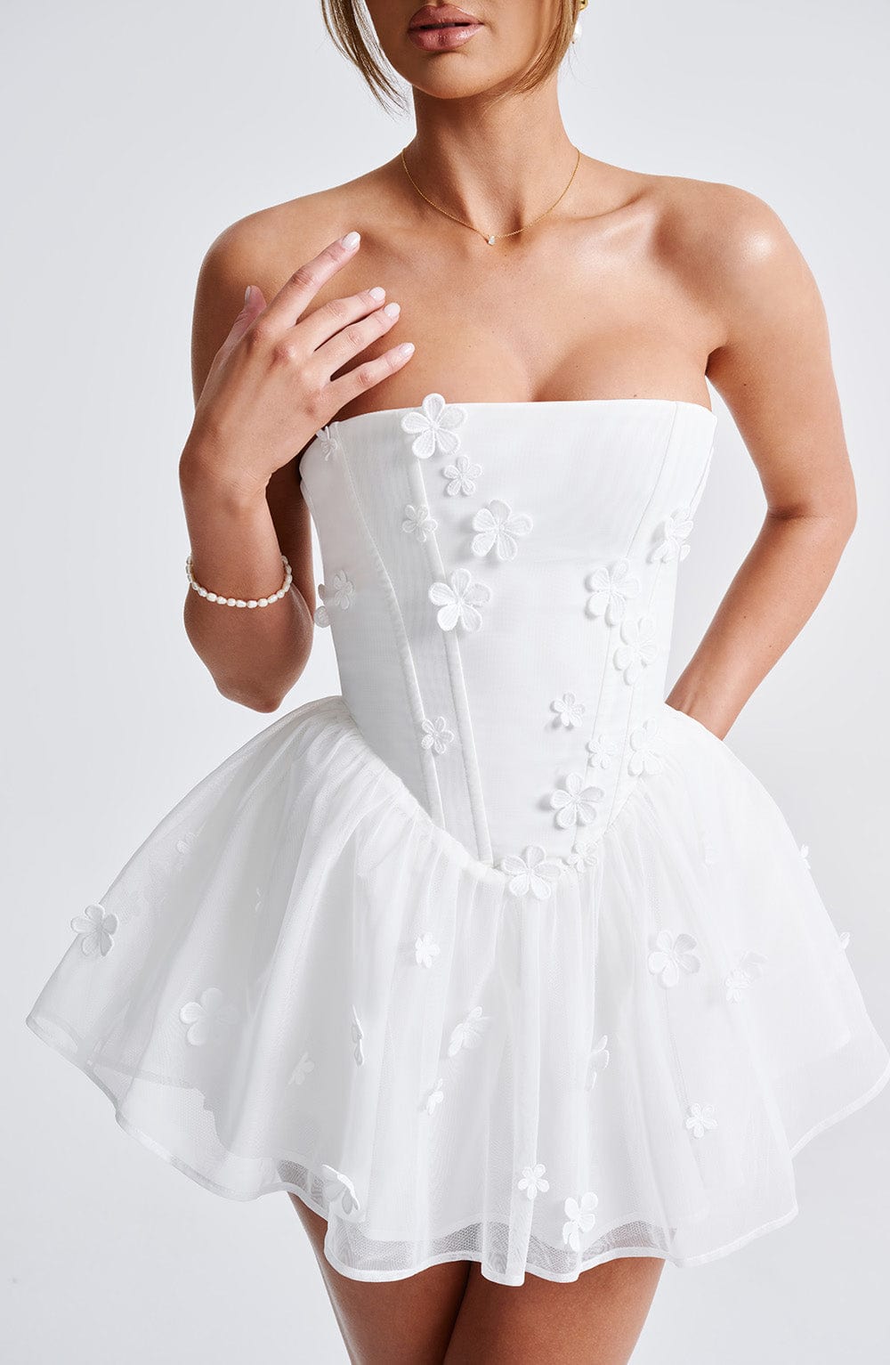 Justina Ivory Strapless Playsuit with Floral Applique & Lace Up Back