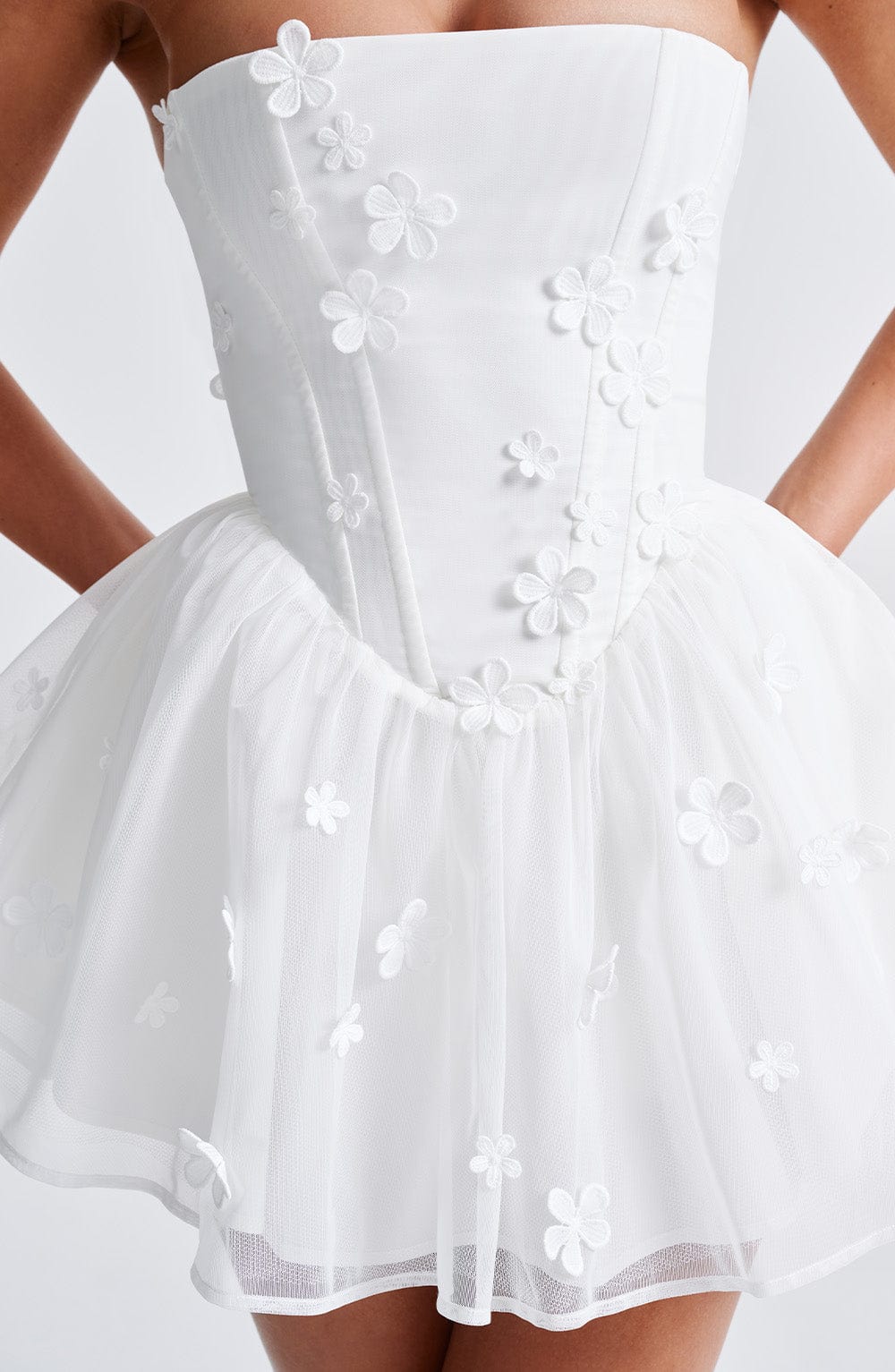 Justina Ivory Strapless Playsuit with Floral Applique & Lace Up Back