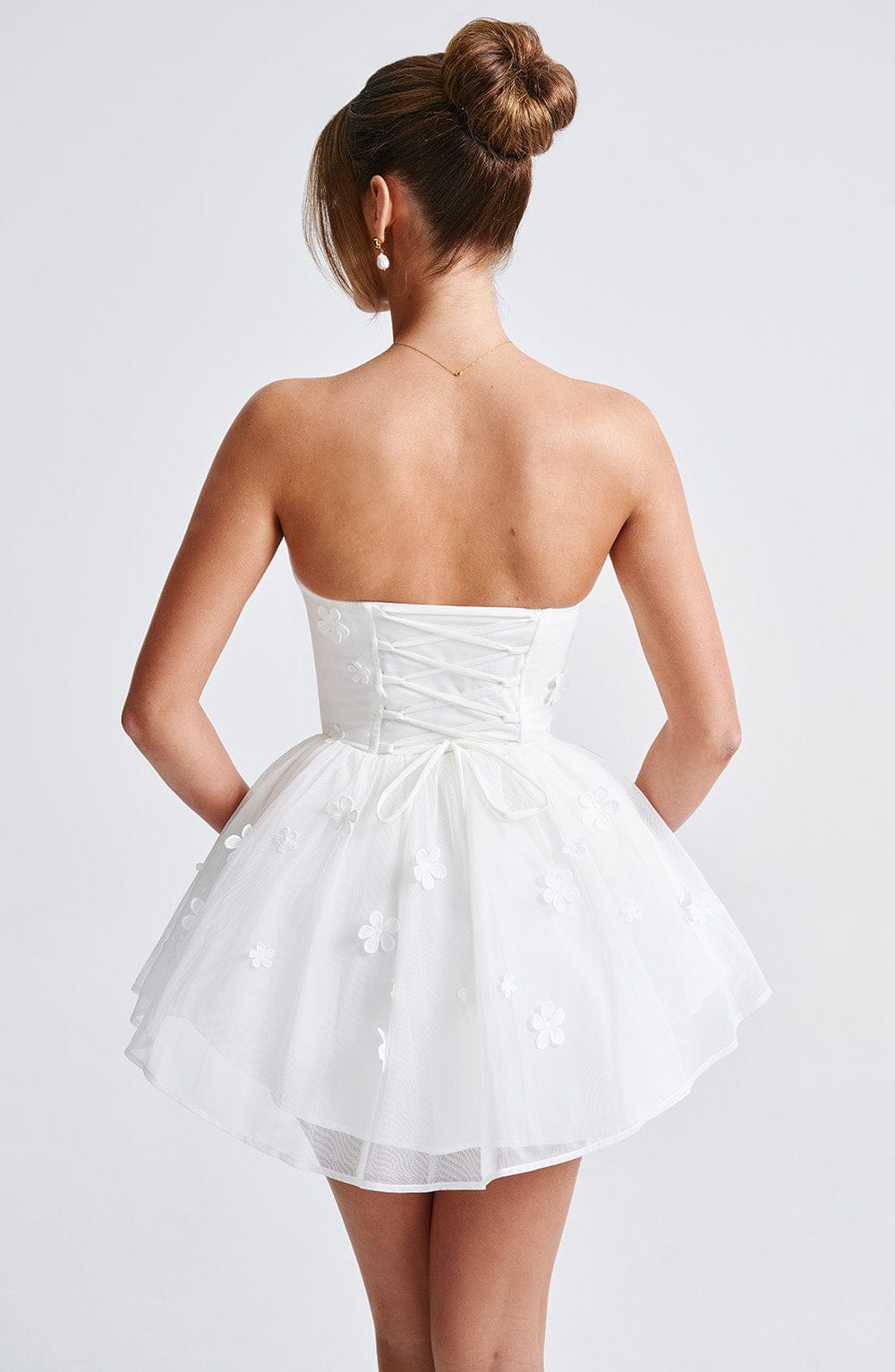 Justina Ivory Strapless Playsuit with Floral Applique & Lace Up Back
